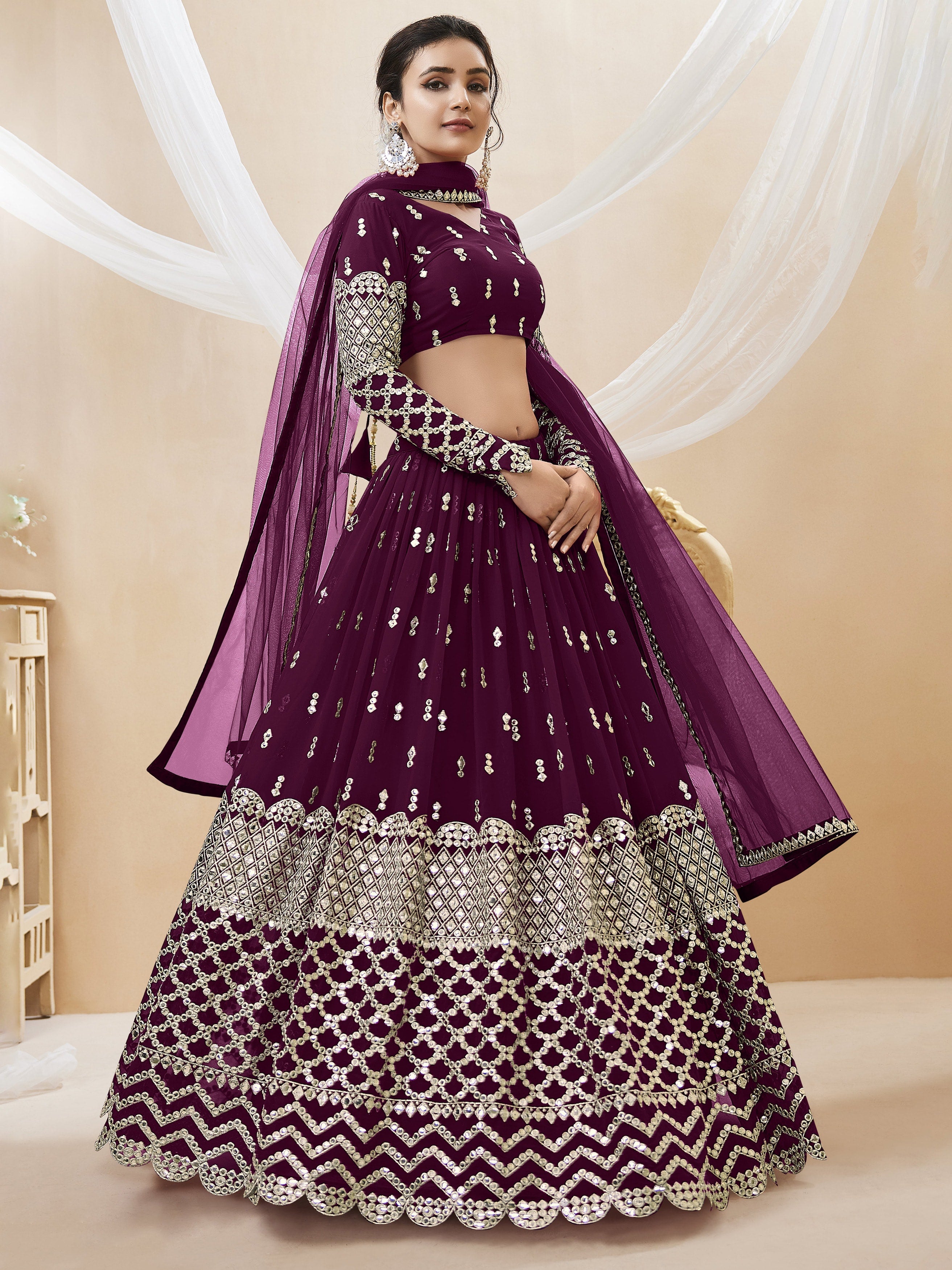Ready To Wear | Women's Wine Georgette Sequins Zari Embroidered Lehenga Choli & Dupatta