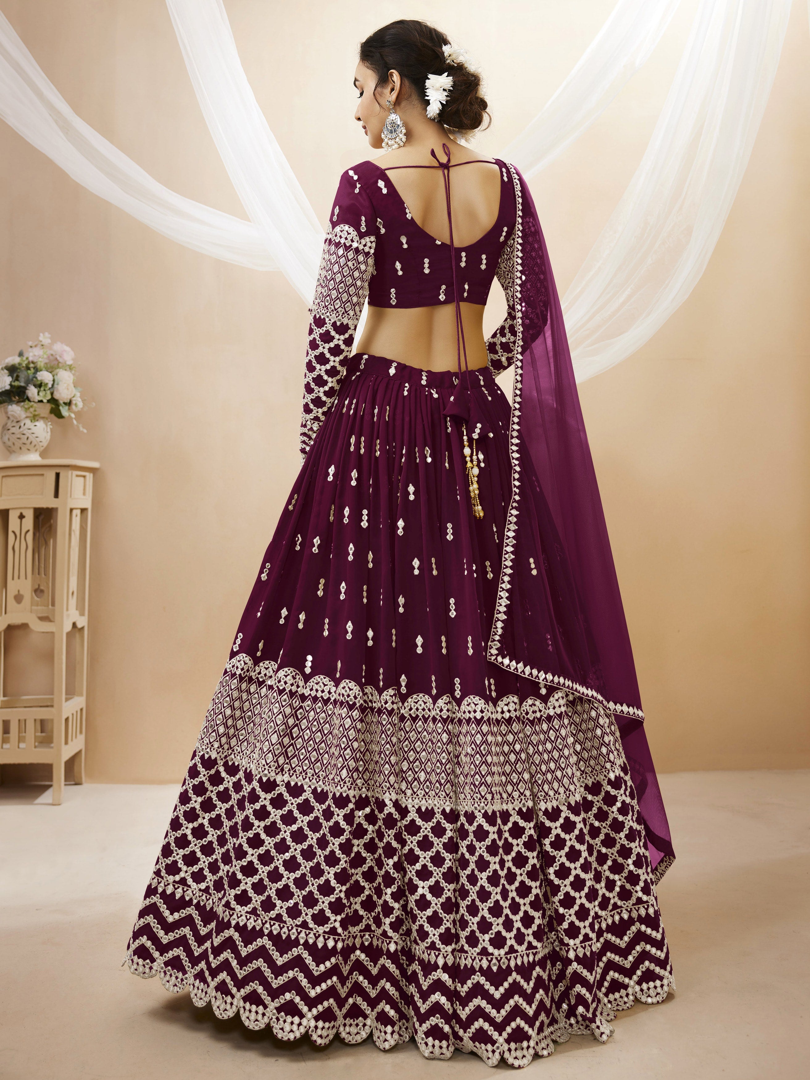 Ready To Wear | Women's Wine Georgette Sequins Zari Embroidered Lehenga Choli & Dupatta