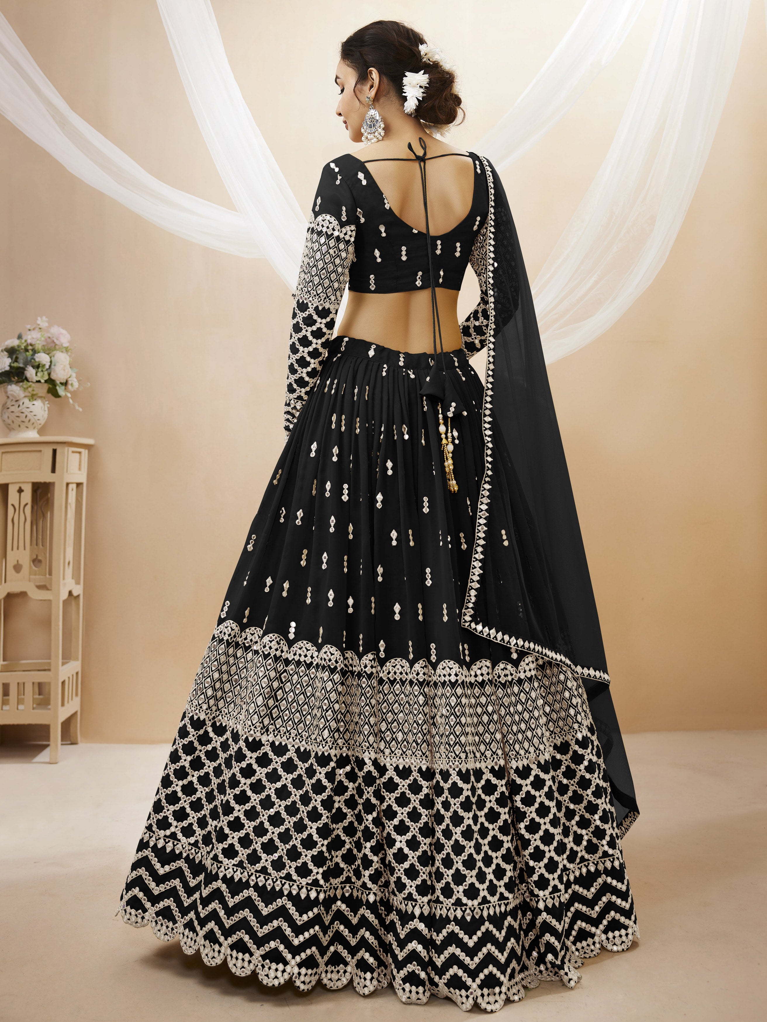 Ready To Wear | Women's Black Georgette Sequins Zari Embroidered Lehenga Choli & Dupatta