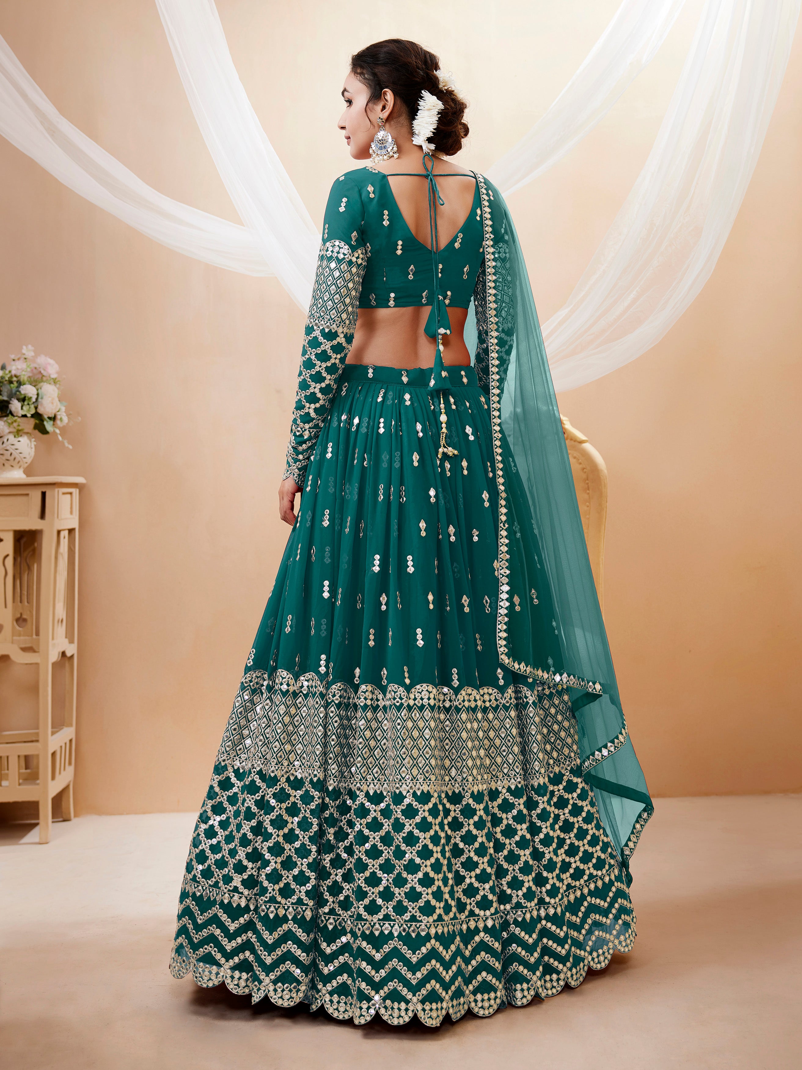 Ready To Wear | Women's Teal Blue Georgette Sequins Zari Embroidered Lehenga Choli & Dupatta