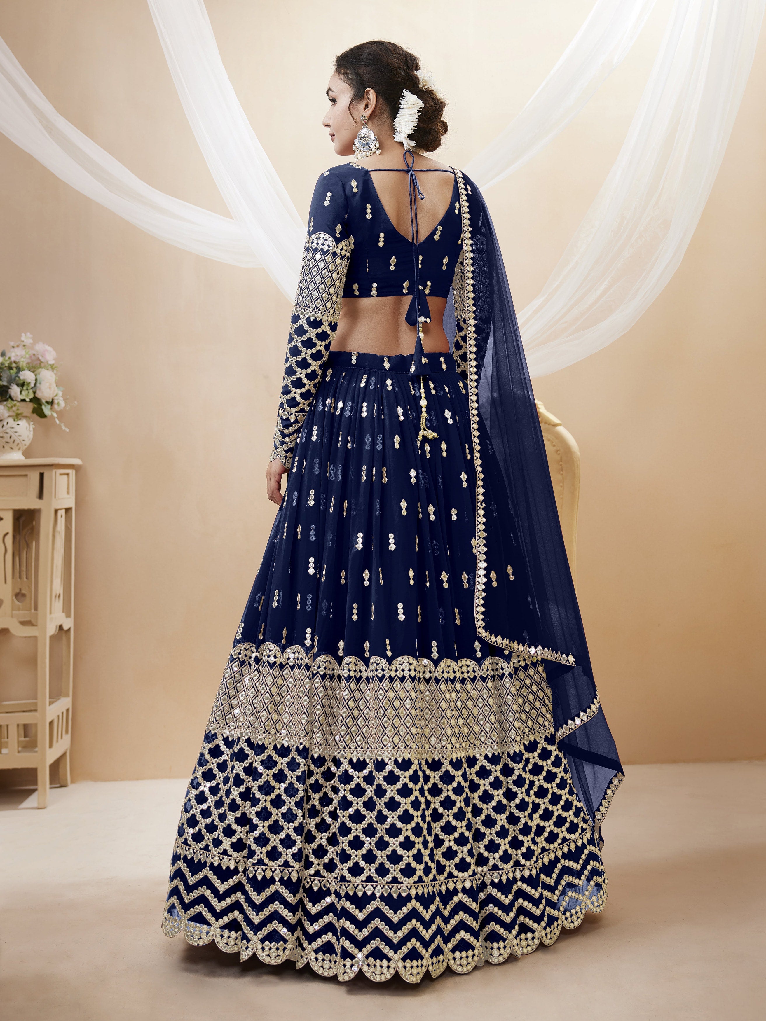 Ready To Wear | Women's Navy Blue Georgette Sequins Zari Embroidered Lehenga Choli & Dupatta