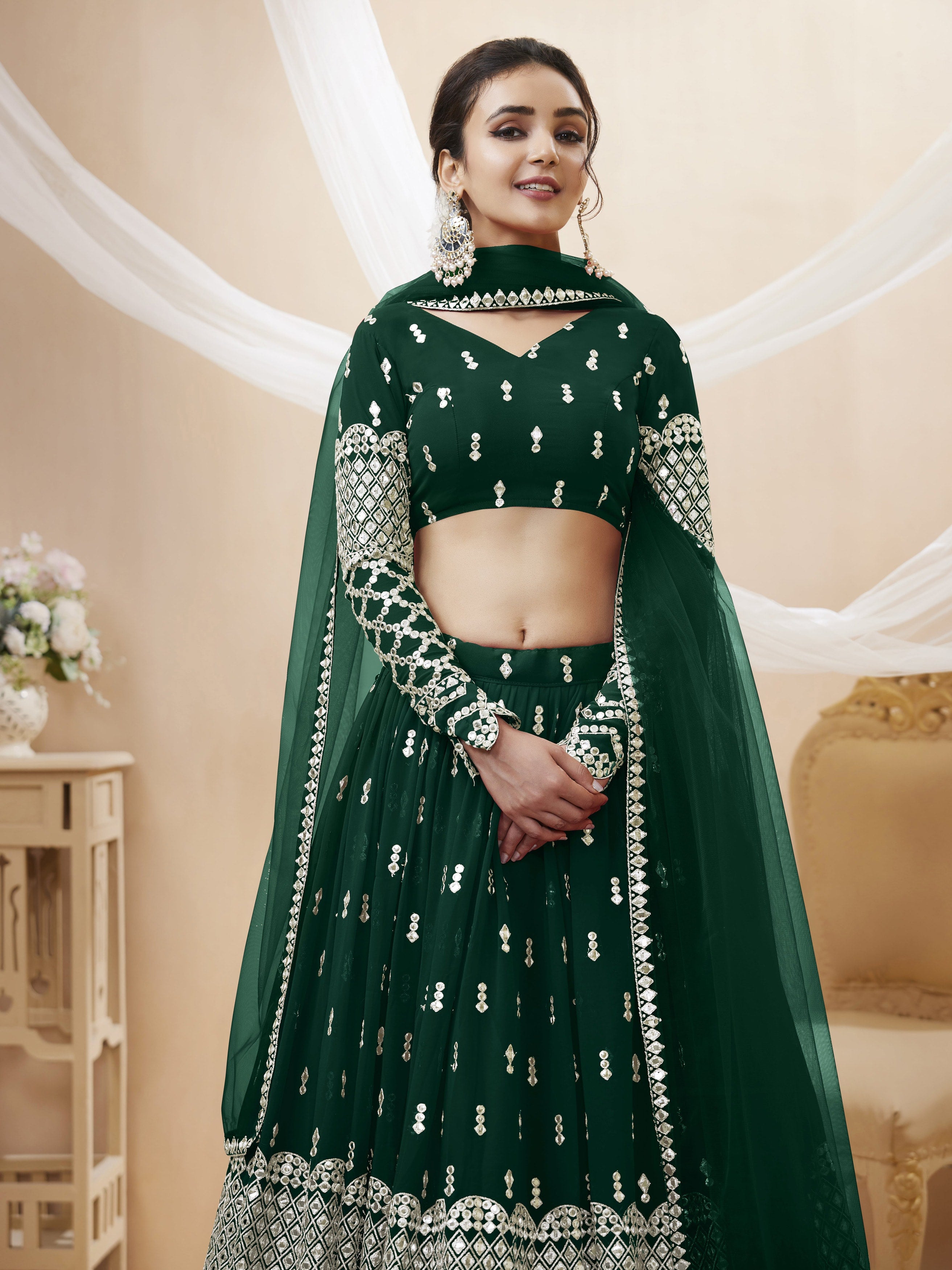 Ready To Wear | Women's Green Georgette Sequins Zari Embroidered Lehenga Choli & Dupatta