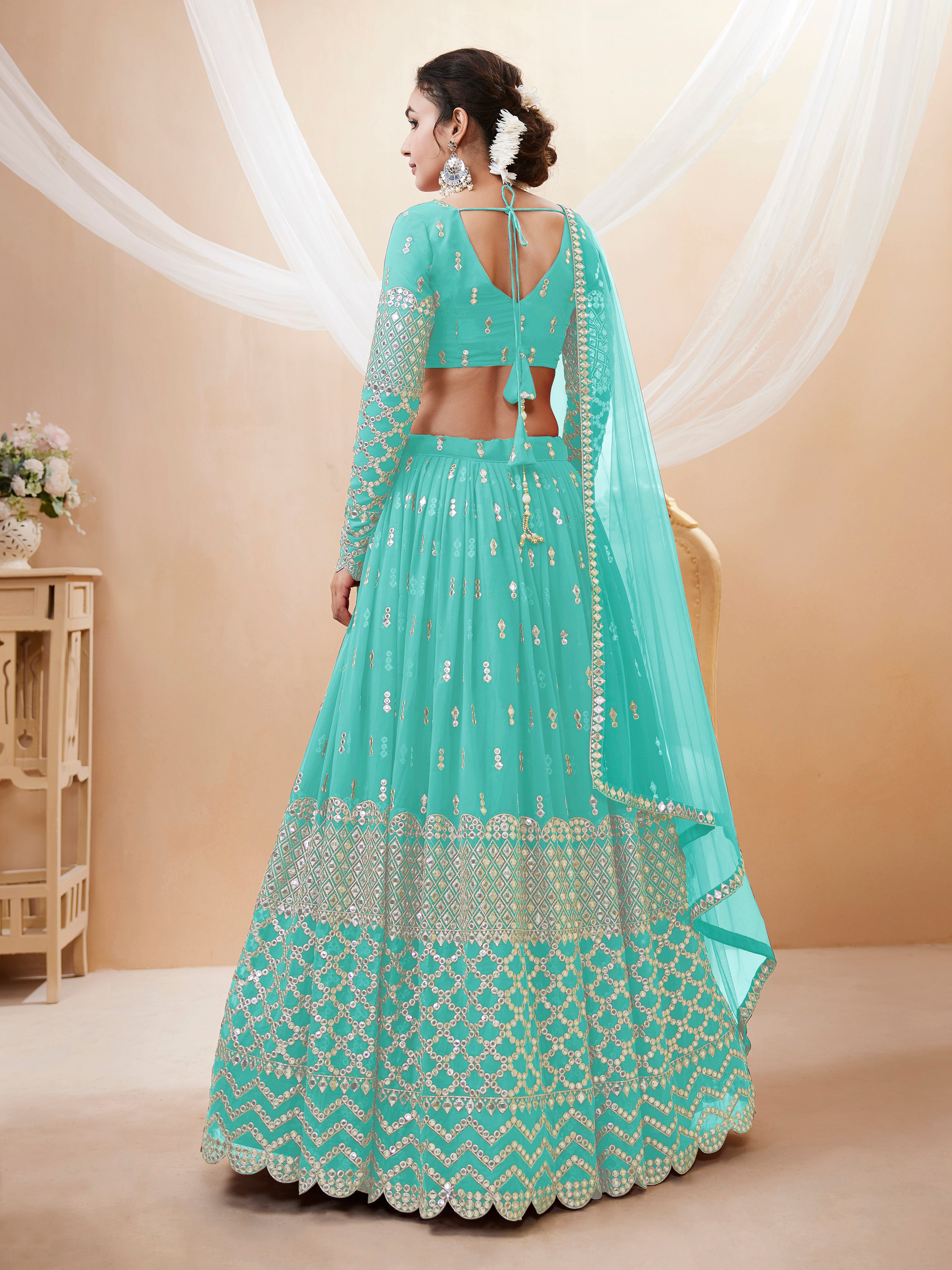 Ready To Wear | Women's Sky Blue Georgette Sequins Zari Embroidered Lehenga Choli & Dupatta