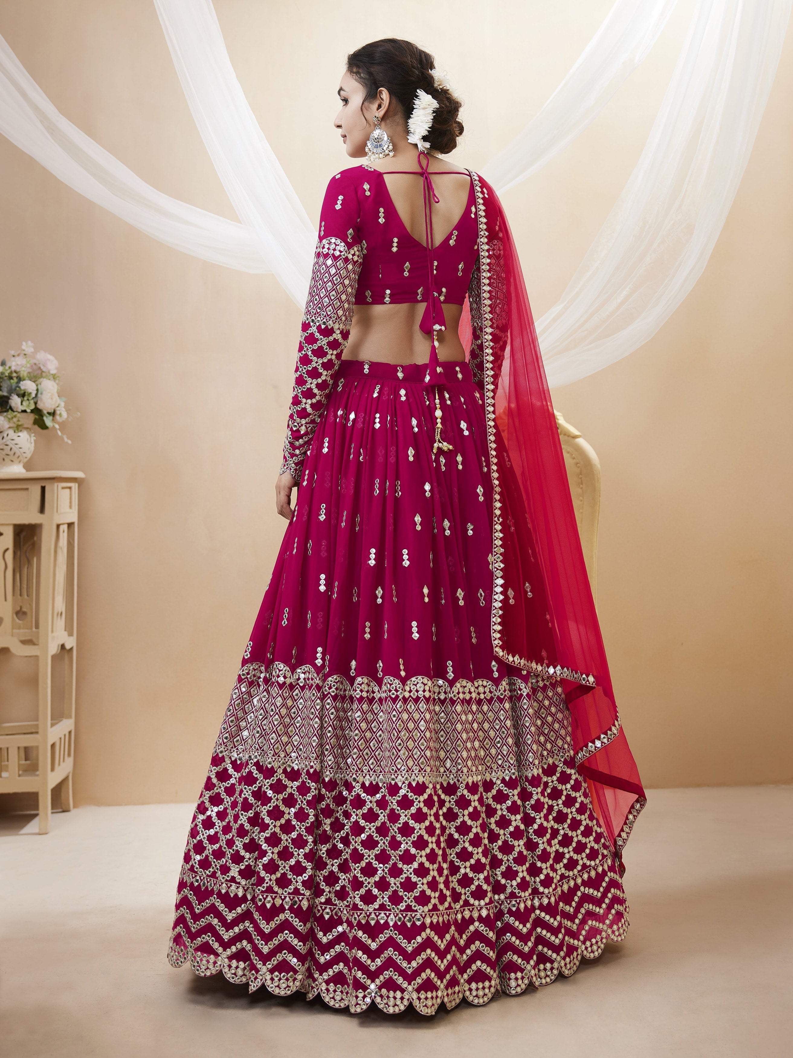 Ready To Wear | Women's Hot Pink Georgette Sequins Zari Embroidered Lehenga Choli & Dupatta