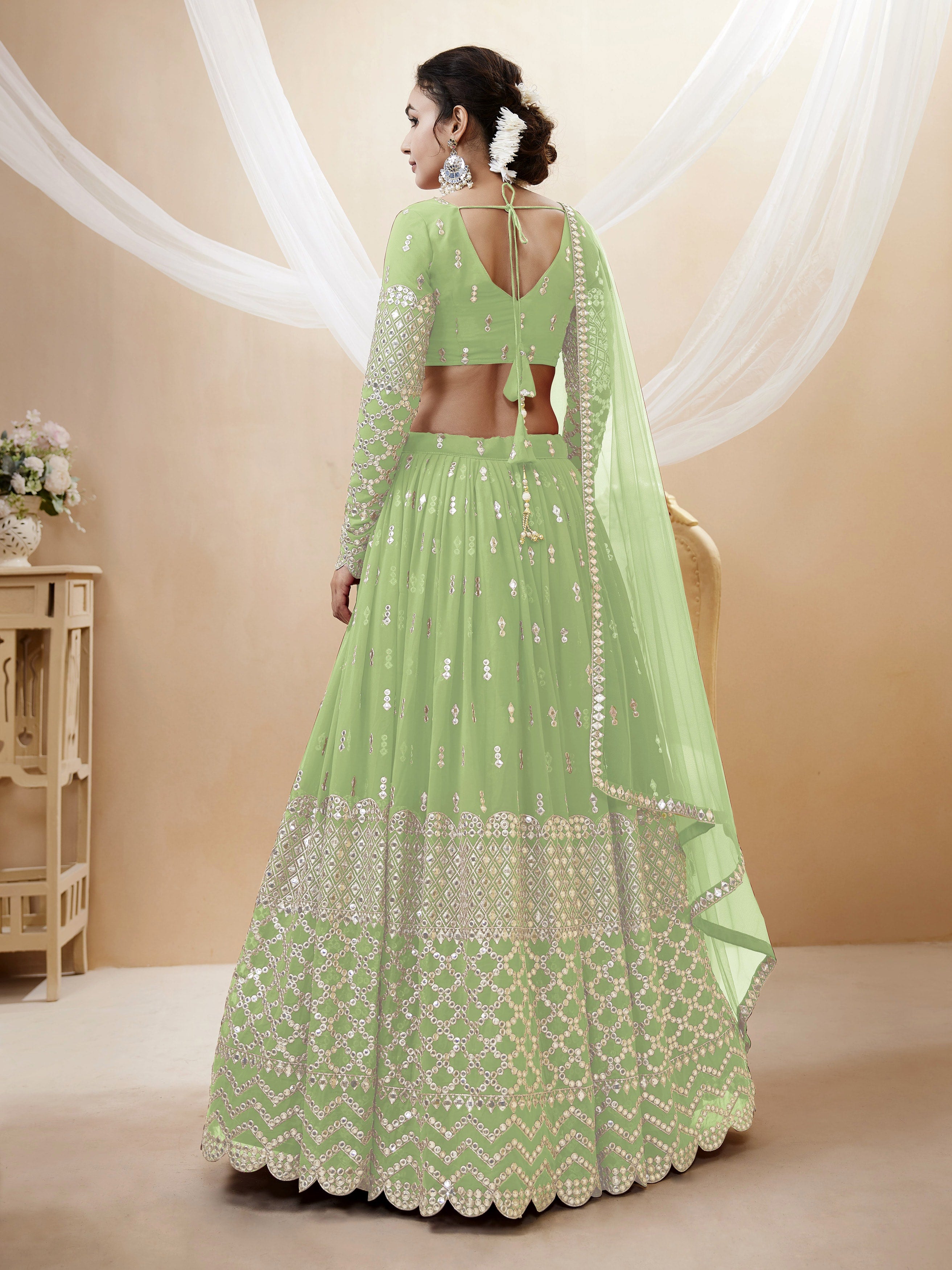Ready To Wear | Women's Pista Georgette Sequins Zari Embroidered Lehenga Choli & Dupatta
