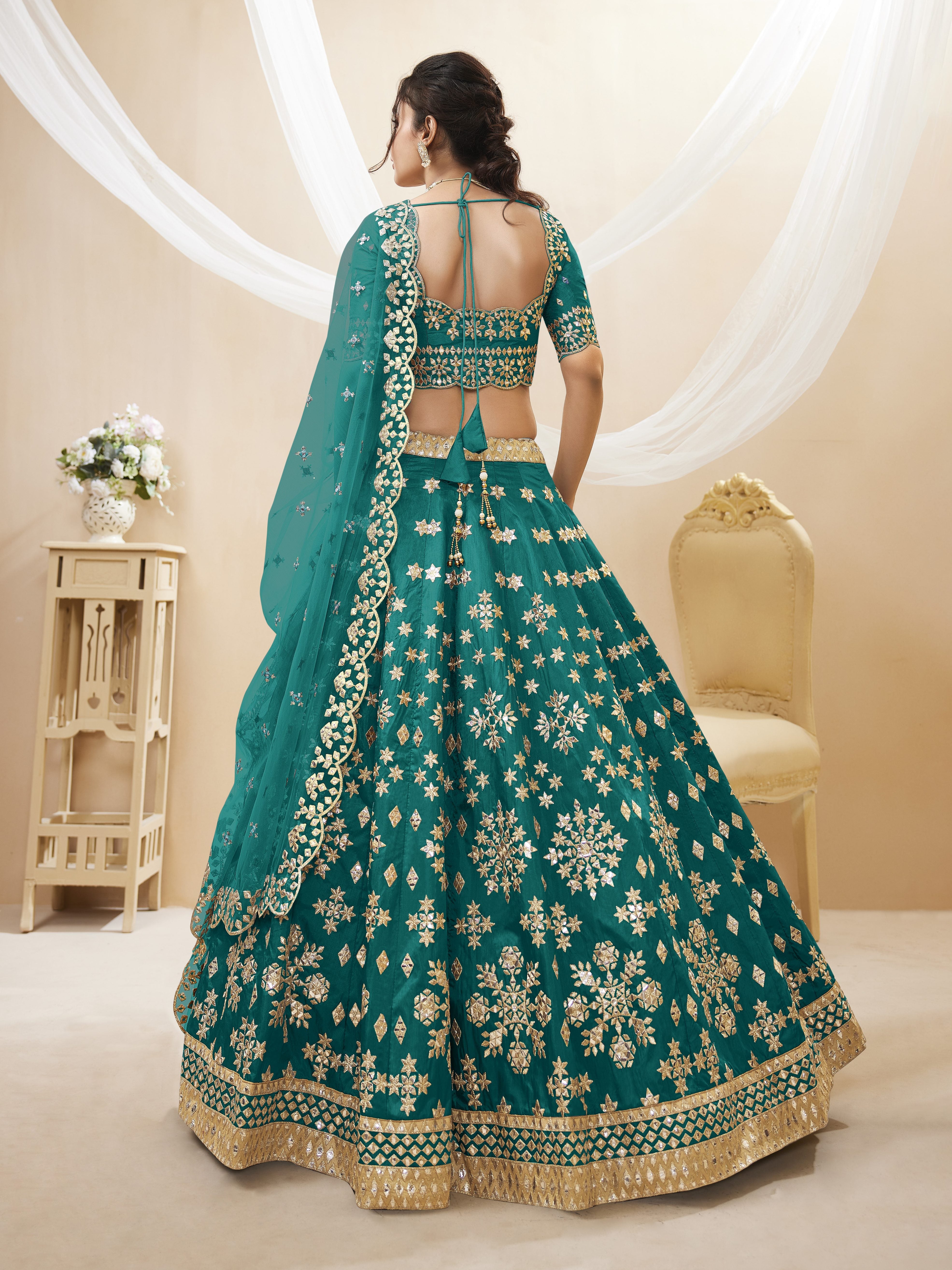 Ready To Wear | Women's Green Art Silk Sequins with Foil & Zari Embroidered Lehenga Choli & Dupatta