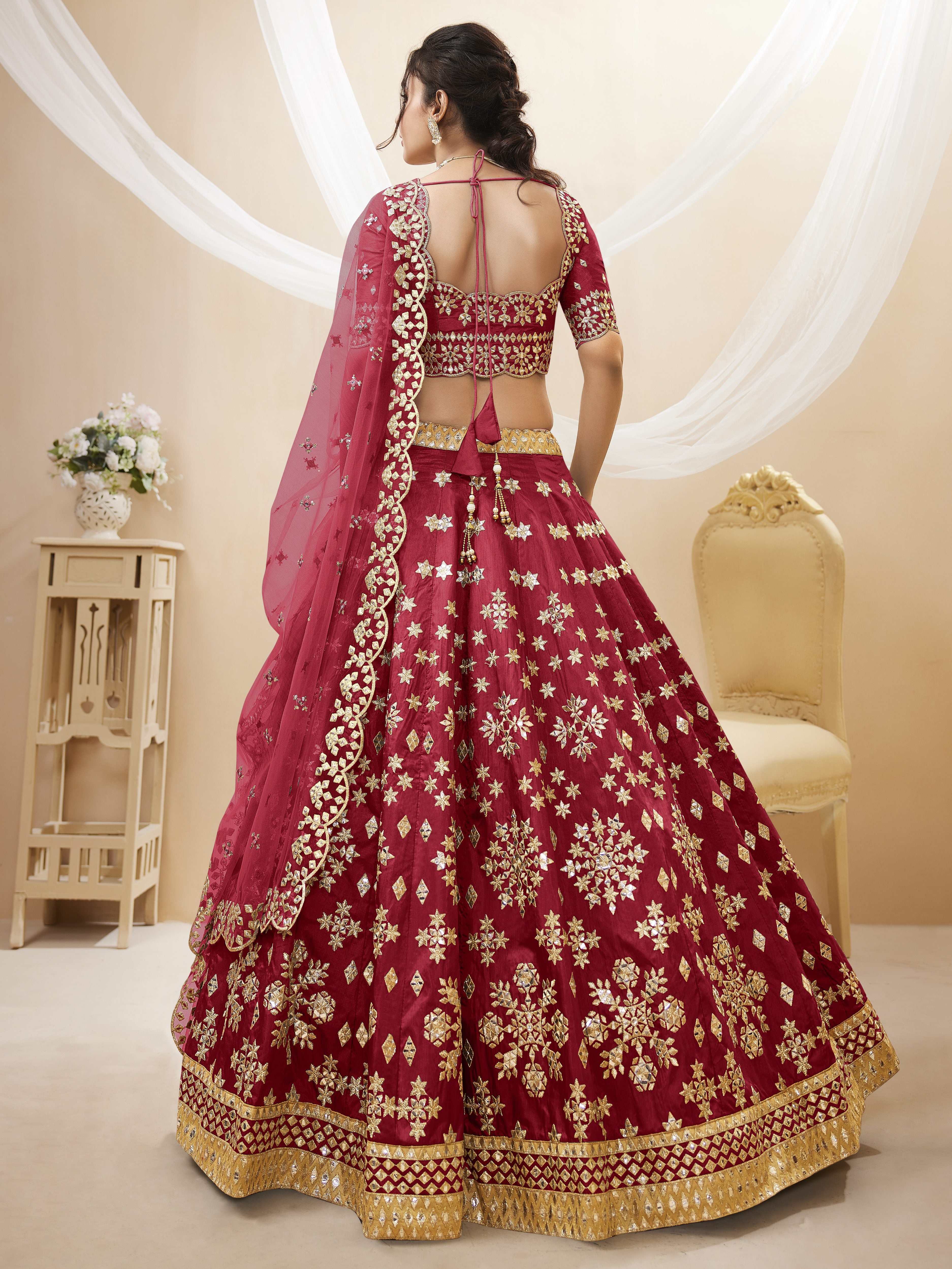 Ready To Wear | Women's Red Art Silk Sequins with Foil & Zari Embroidered Lehenga Choli & Dupatta