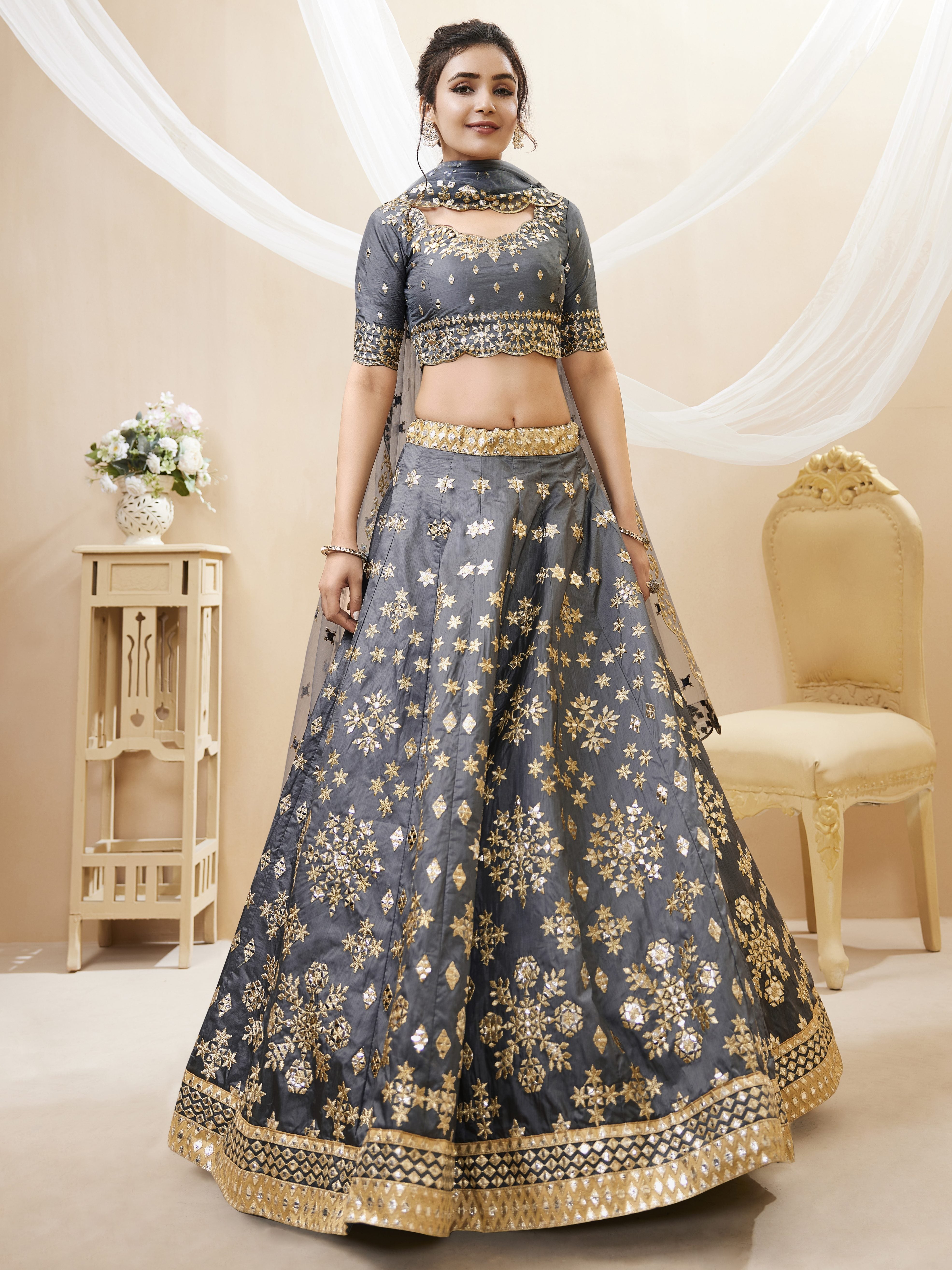 Ready To Wear | Women's Grey Art Silk Sequins with Foil & Zari Embroidered Lehenga Choli & Dupatta