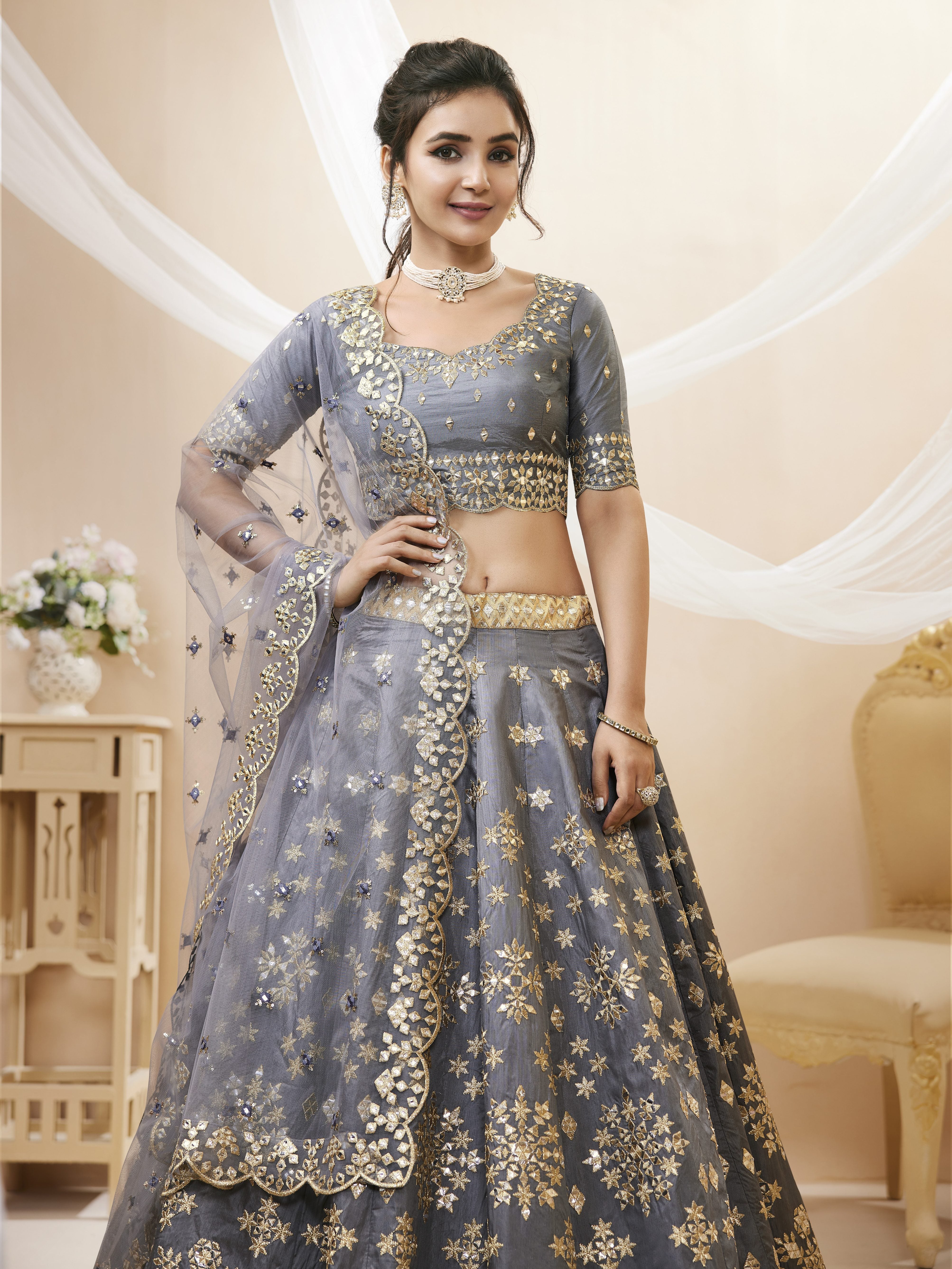 Ready To Wear | Women's Grey Art Silk Sequins with Foil & Zari Embroidered Lehenga Choli & Dupatta