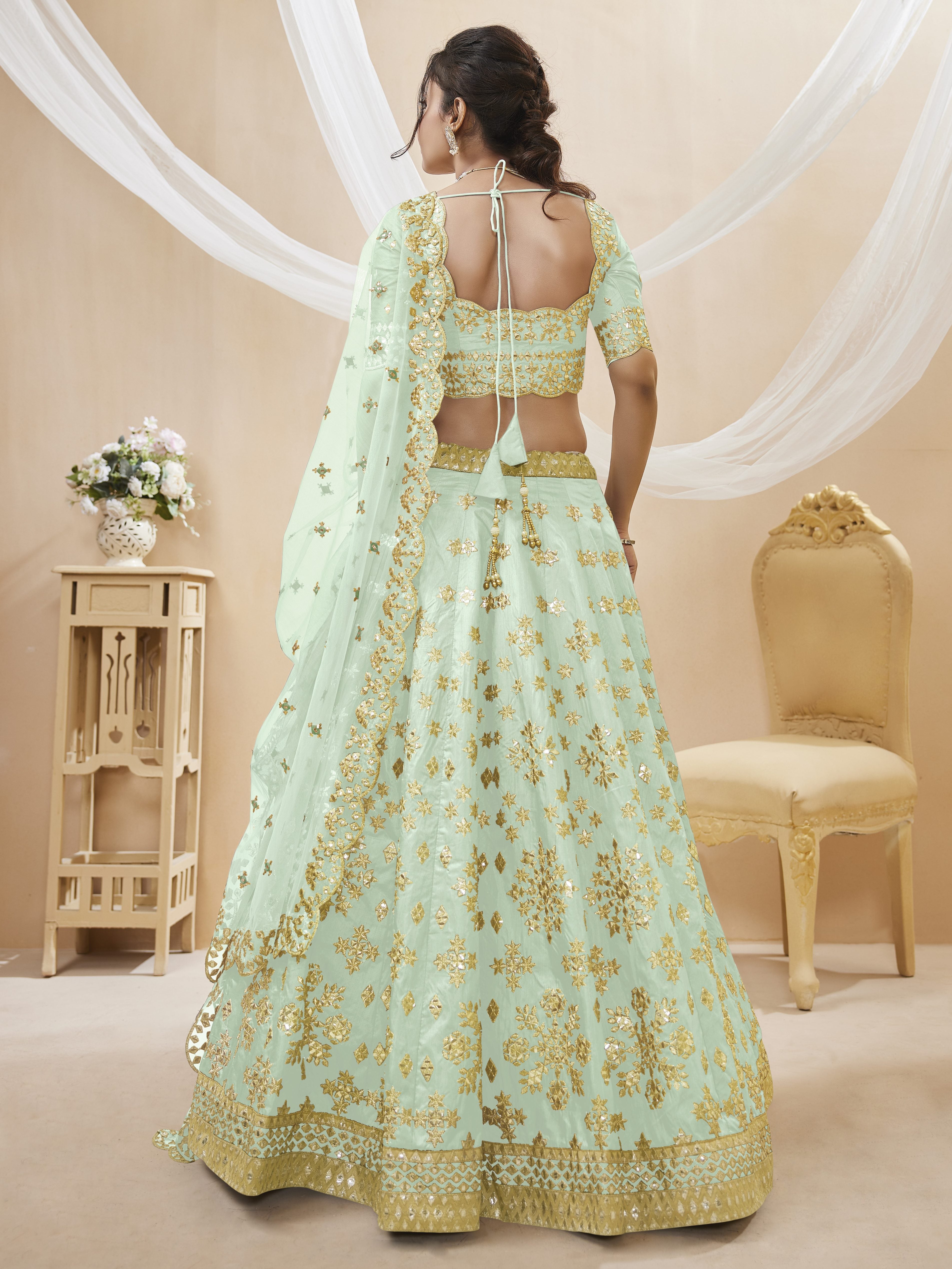 Ready To Wear | Women's Pista Art Silk Sequins with Foil & Zari Embroidered Lehenga Choli & Dupatta