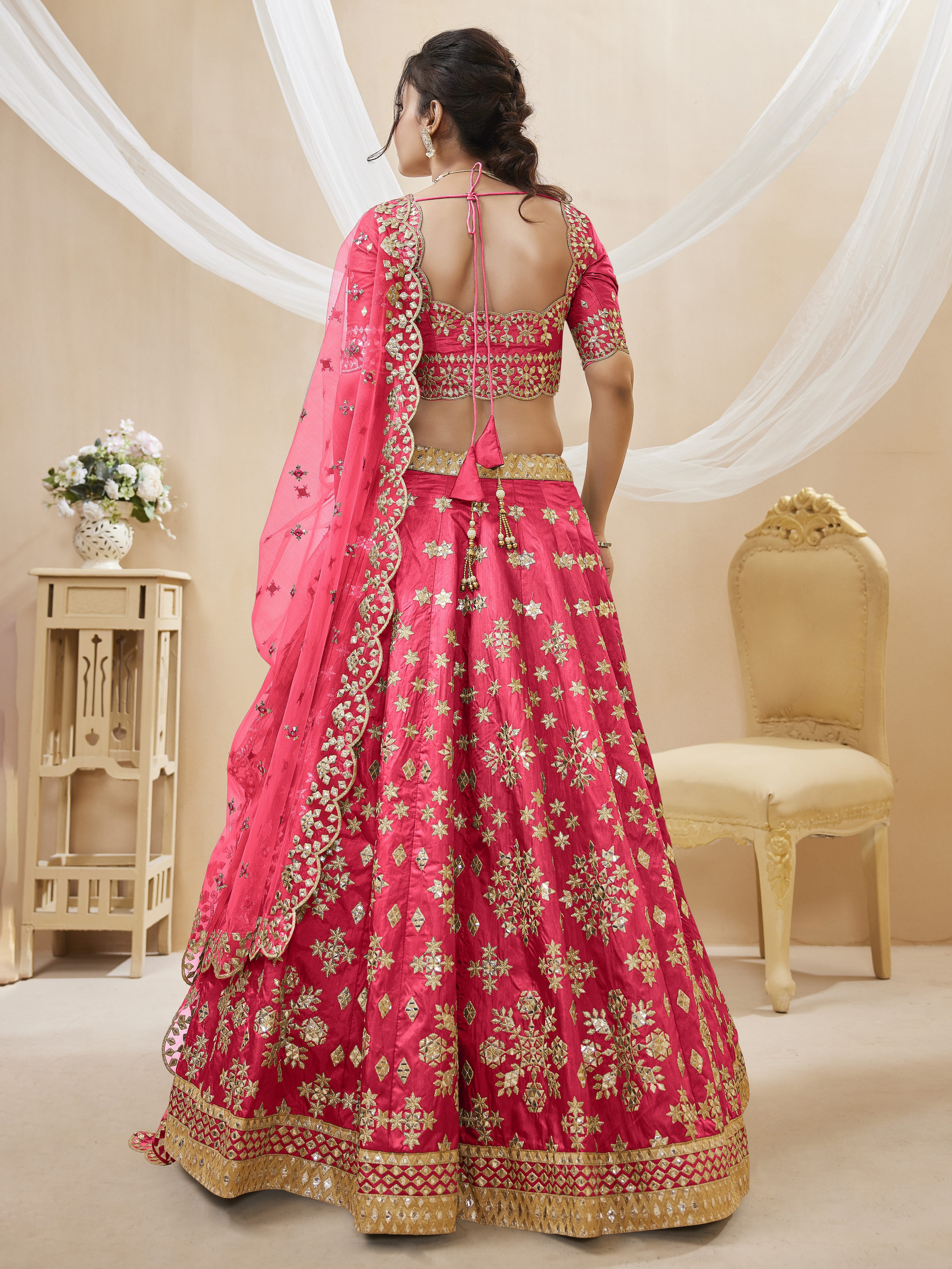 Ready To Wear | Women's Pink Art Silk Sequins with Foil & Zari Embroidered Lehenga Choli & Dupatta