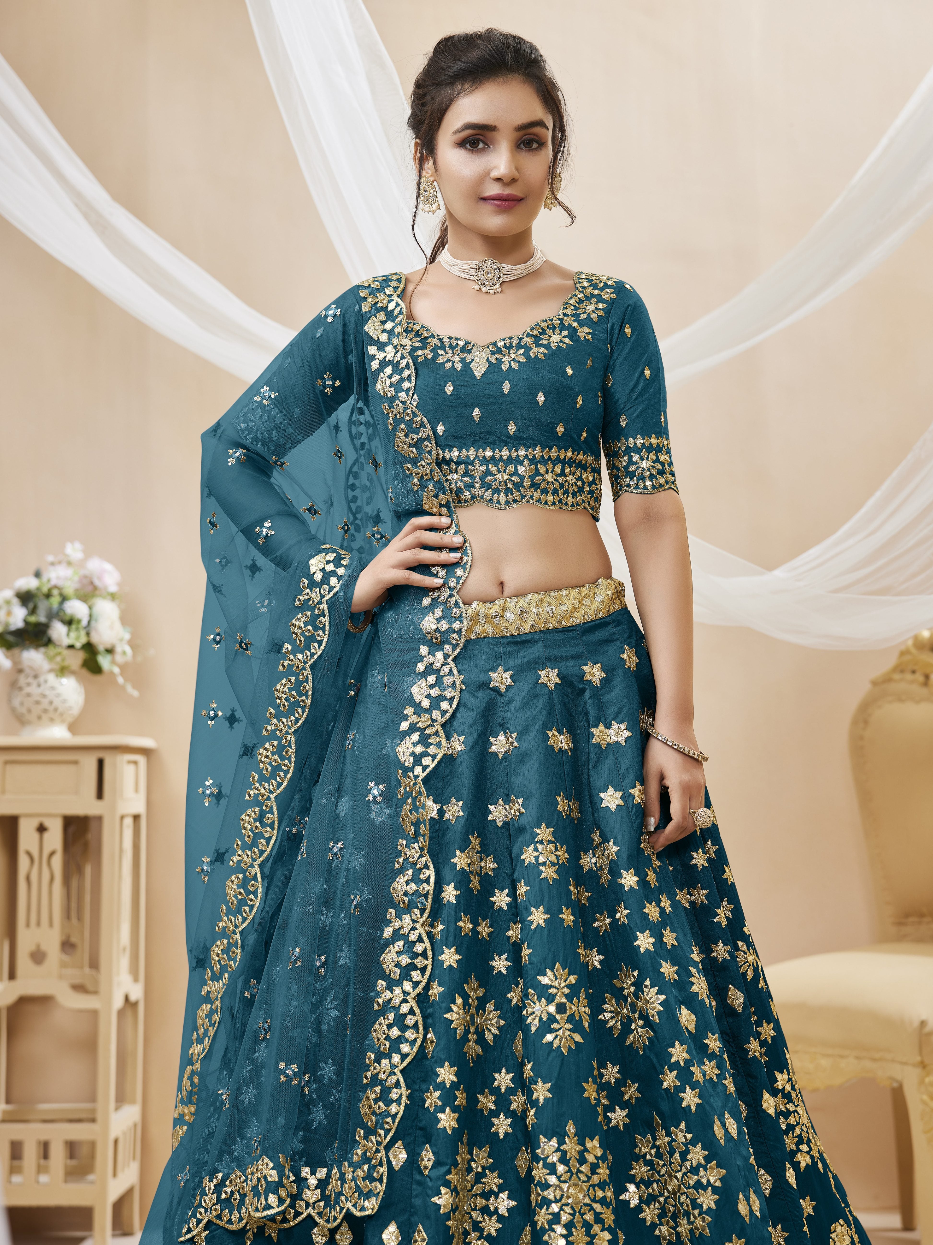 Ready To Wear | Women's Blue Art Silk Sequins with Foil & Zari Embroidered Lehenga Choli & Dupatta