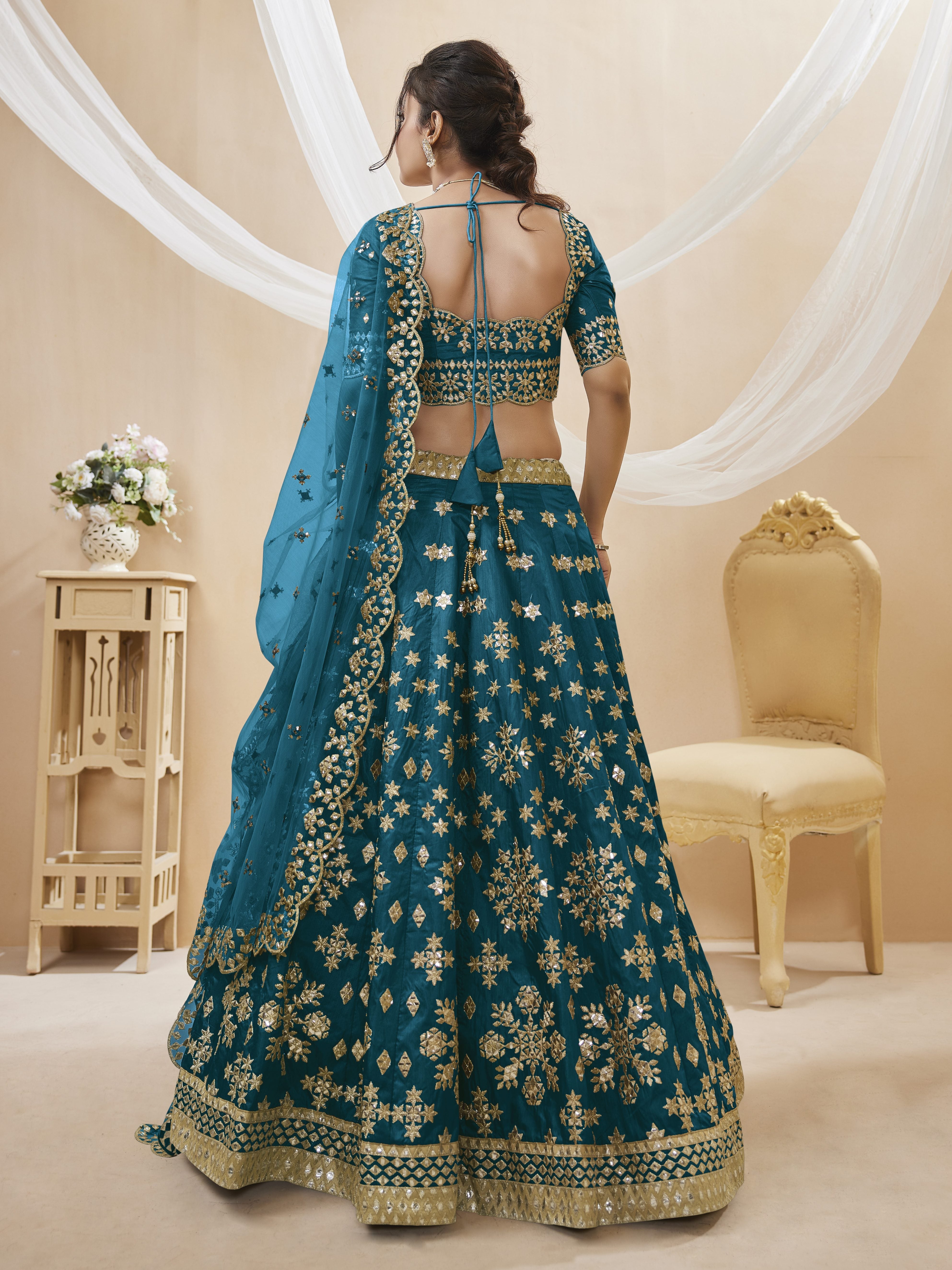 Ready To Wear | Women's Blue Art Silk Sequins with Foil & Zari Embroidered Lehenga Choli & Dupatta
