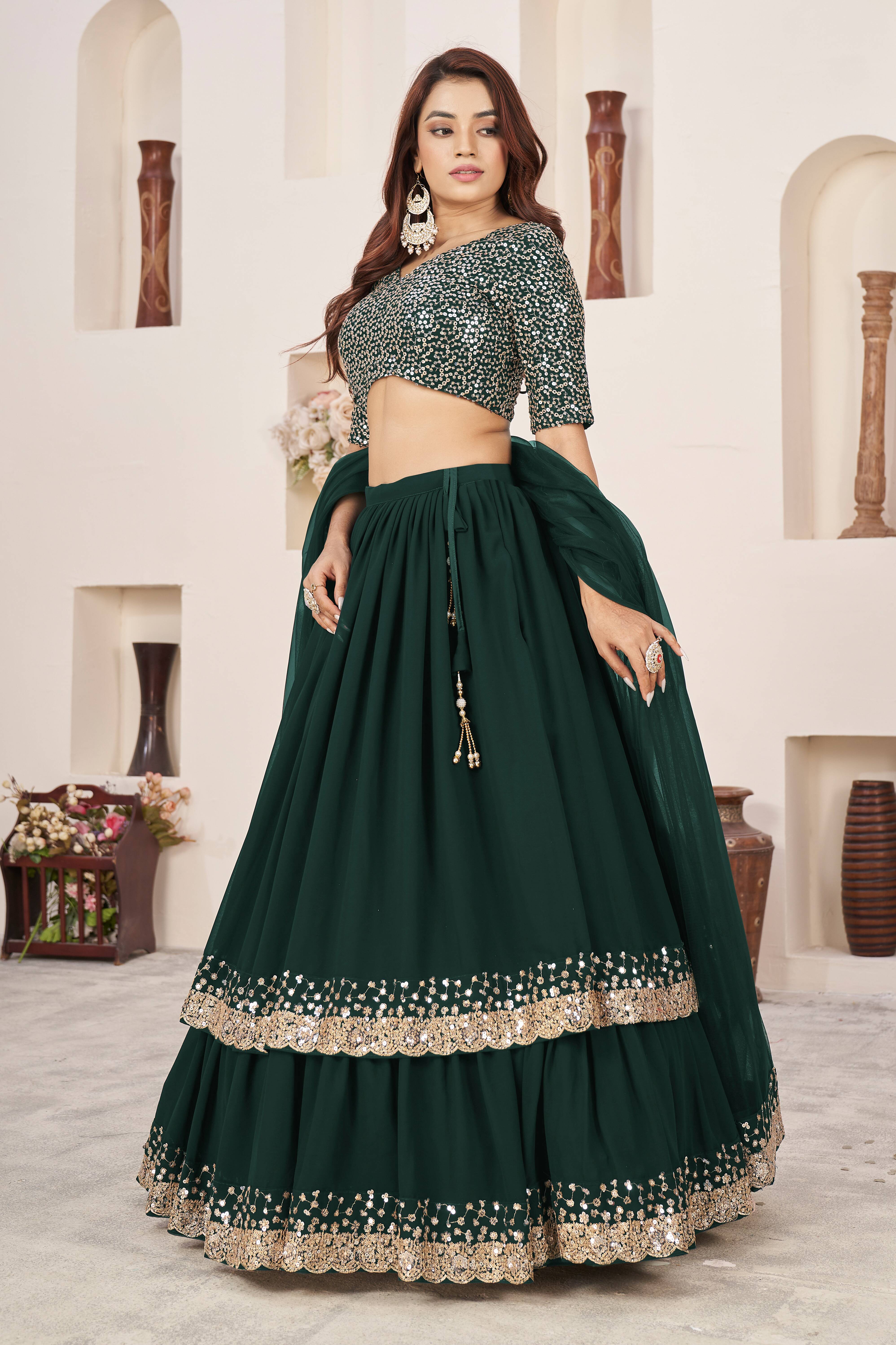 Ready To Wear | Women's Green Georgette Sequins Zari Embroidered Lehenga Choli & Dupatta