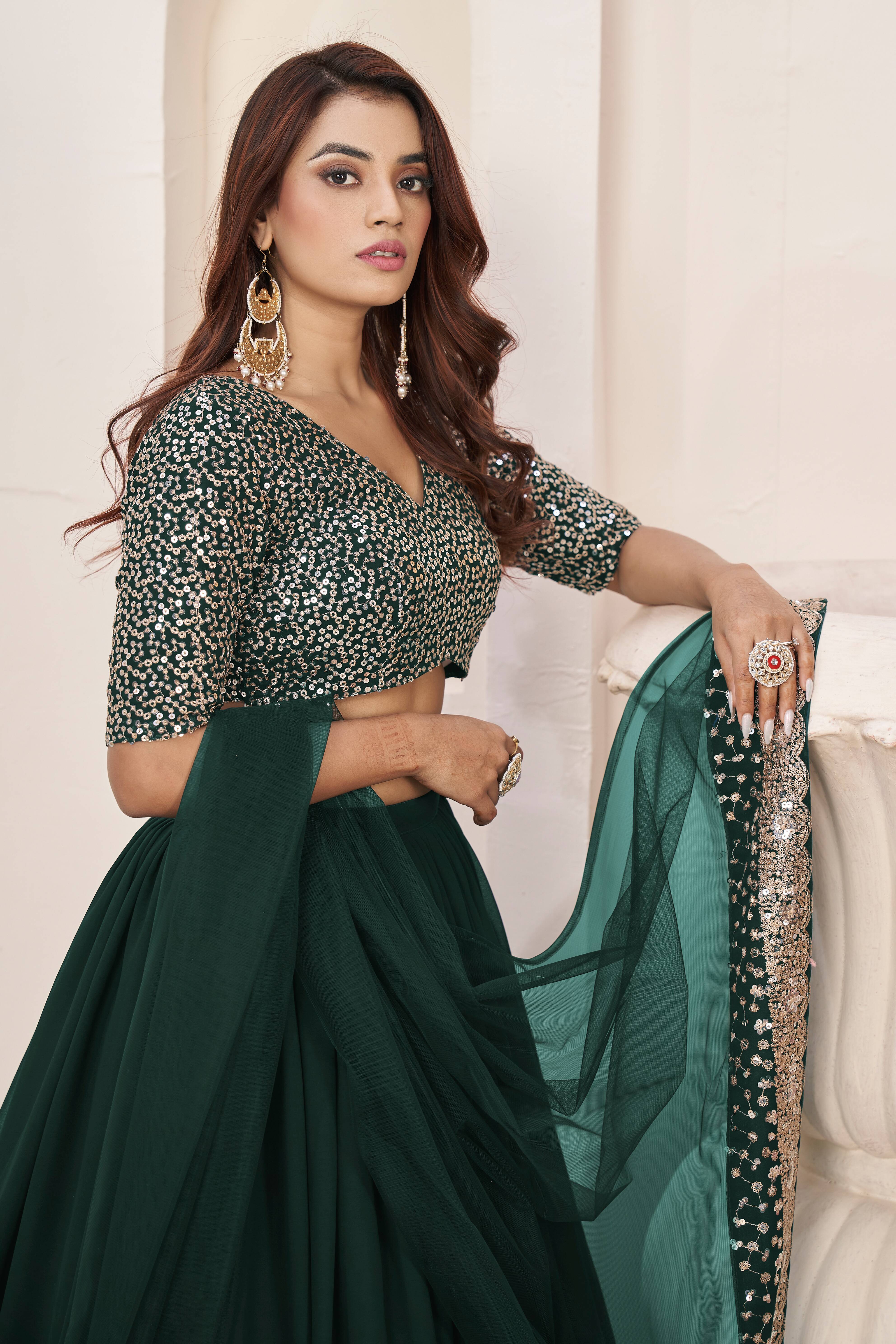 Ready To Wear | Women's Green Georgette Sequins Zari Embroidered Lehenga Choli & Dupatta