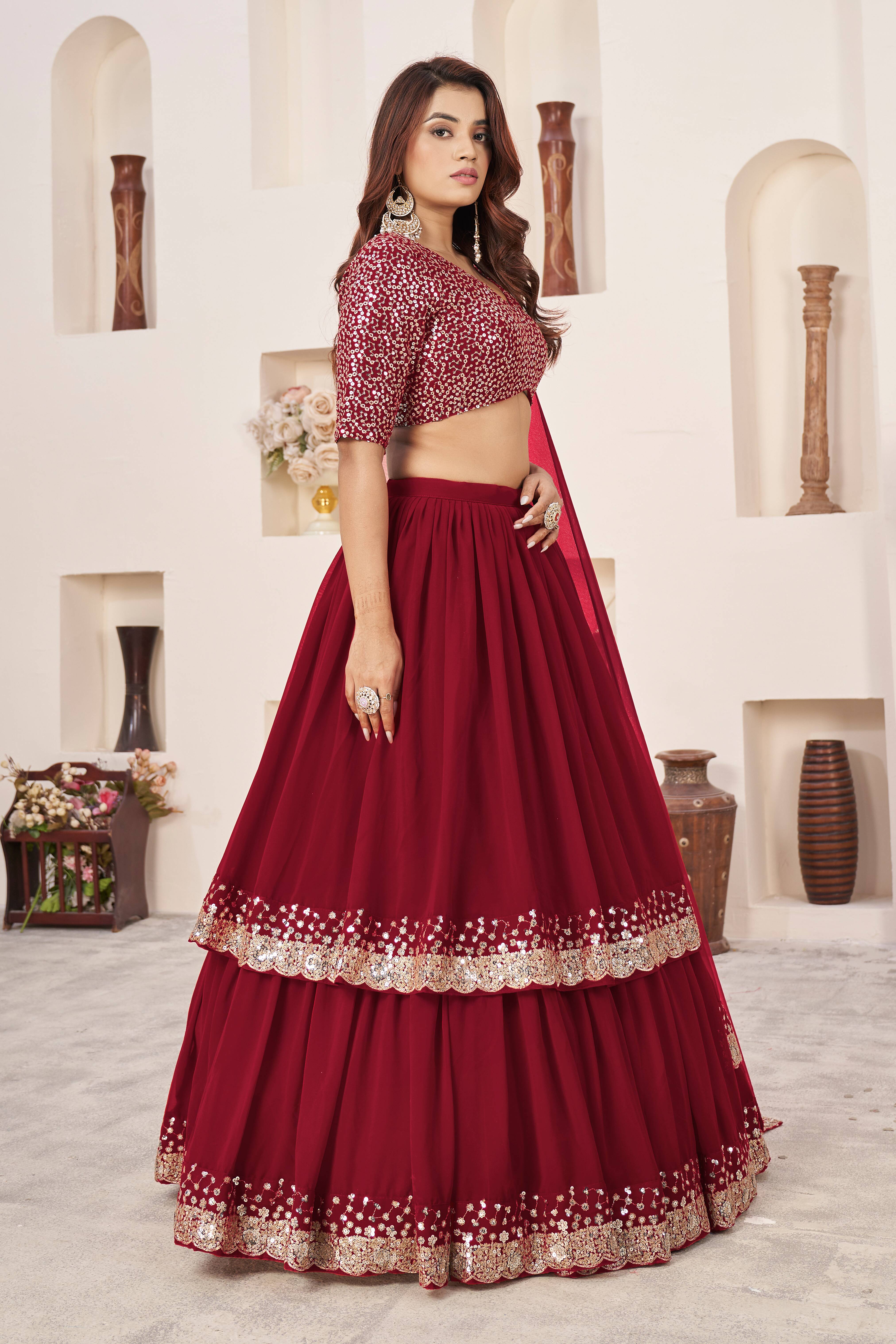 Ready To Wear | Women's Red Georgette Sequins Zari Embroidered Lehenga Choli & Dupatta