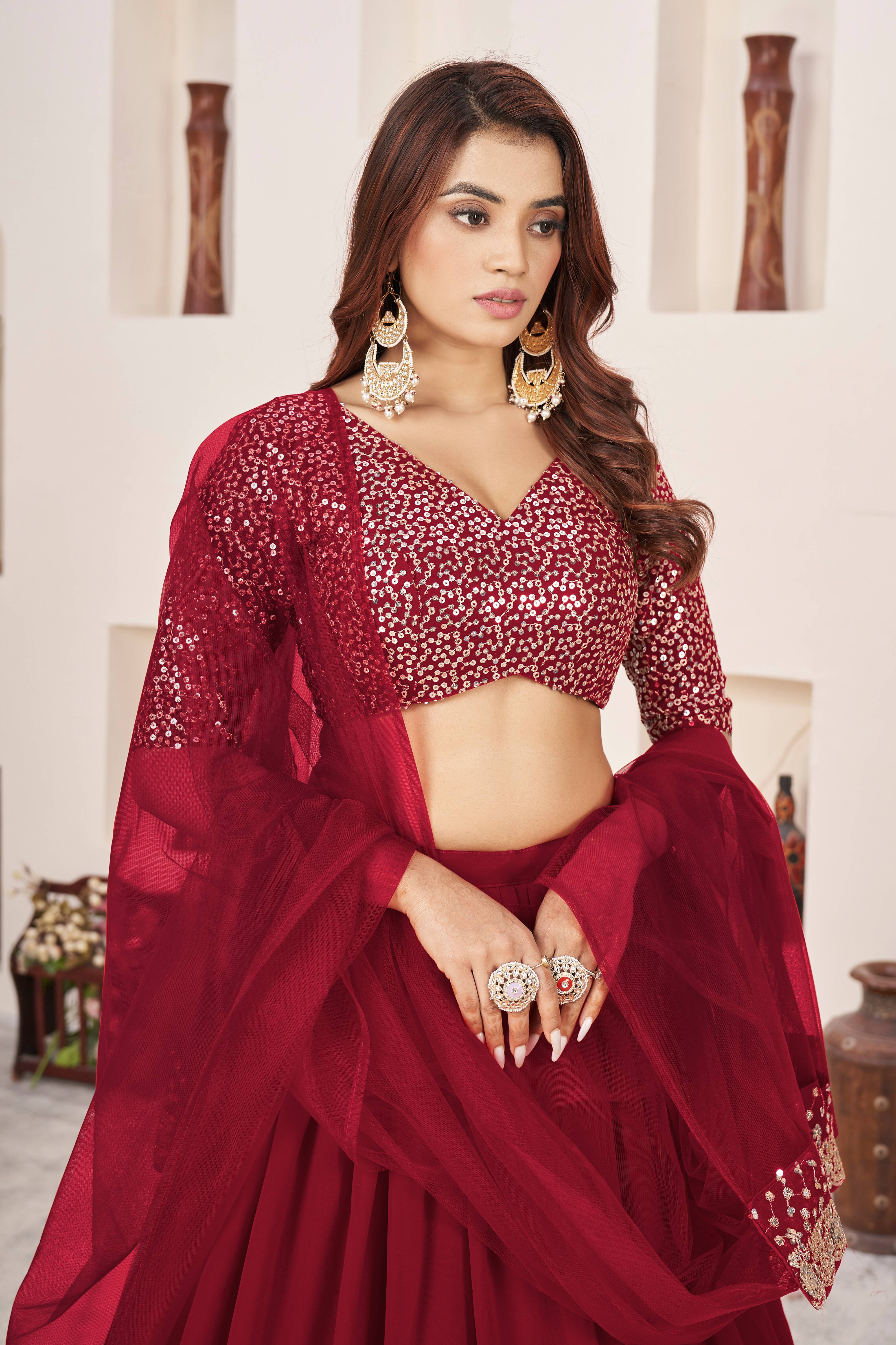 Ready To Wear | Women's Red Georgette Sequins Zari Embroidered Lehenga Choli & Dupatta