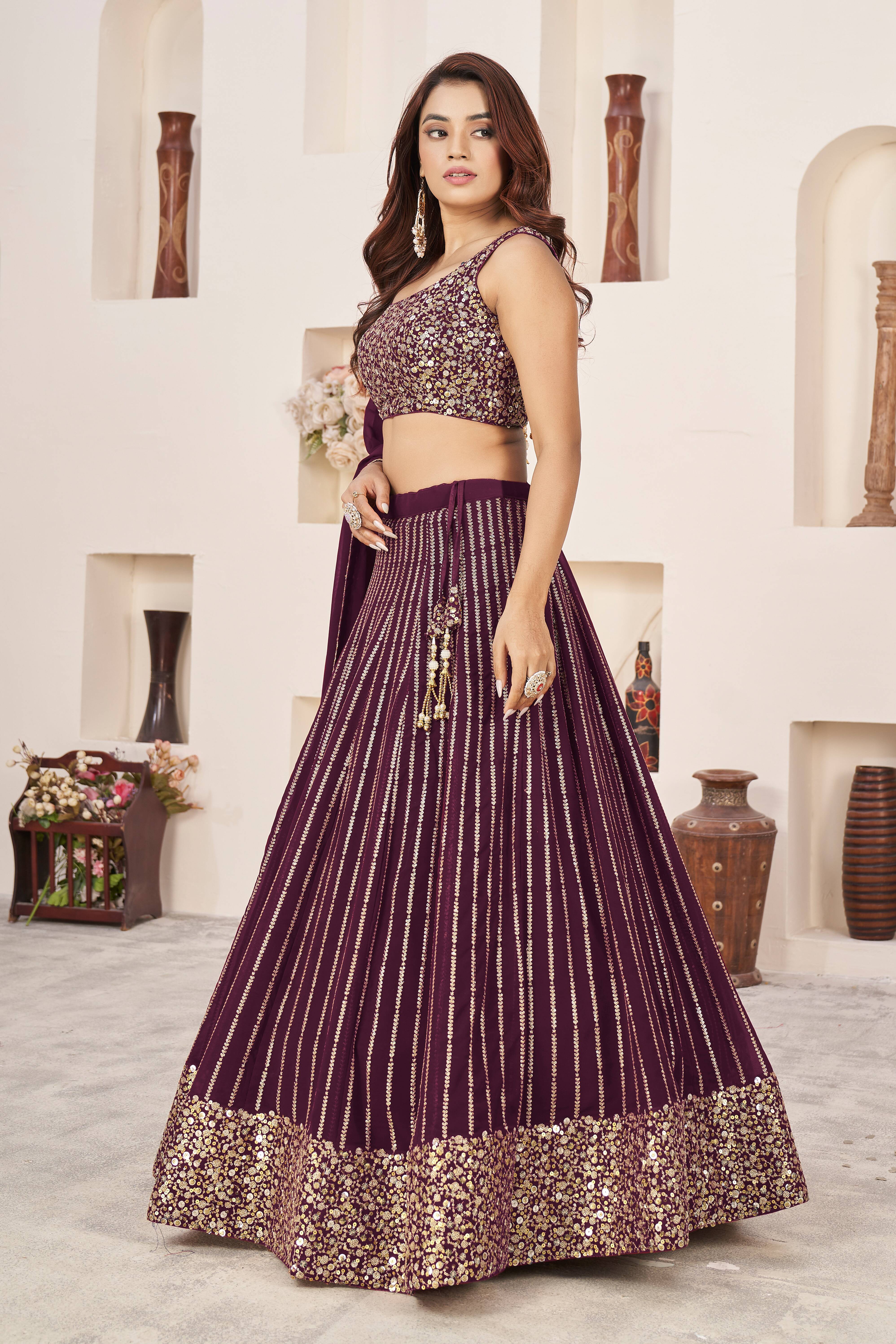 Ready To Wear | Women's Wine Georgette Sequins Zari Embroidered Lehenga Choli & Dupatta