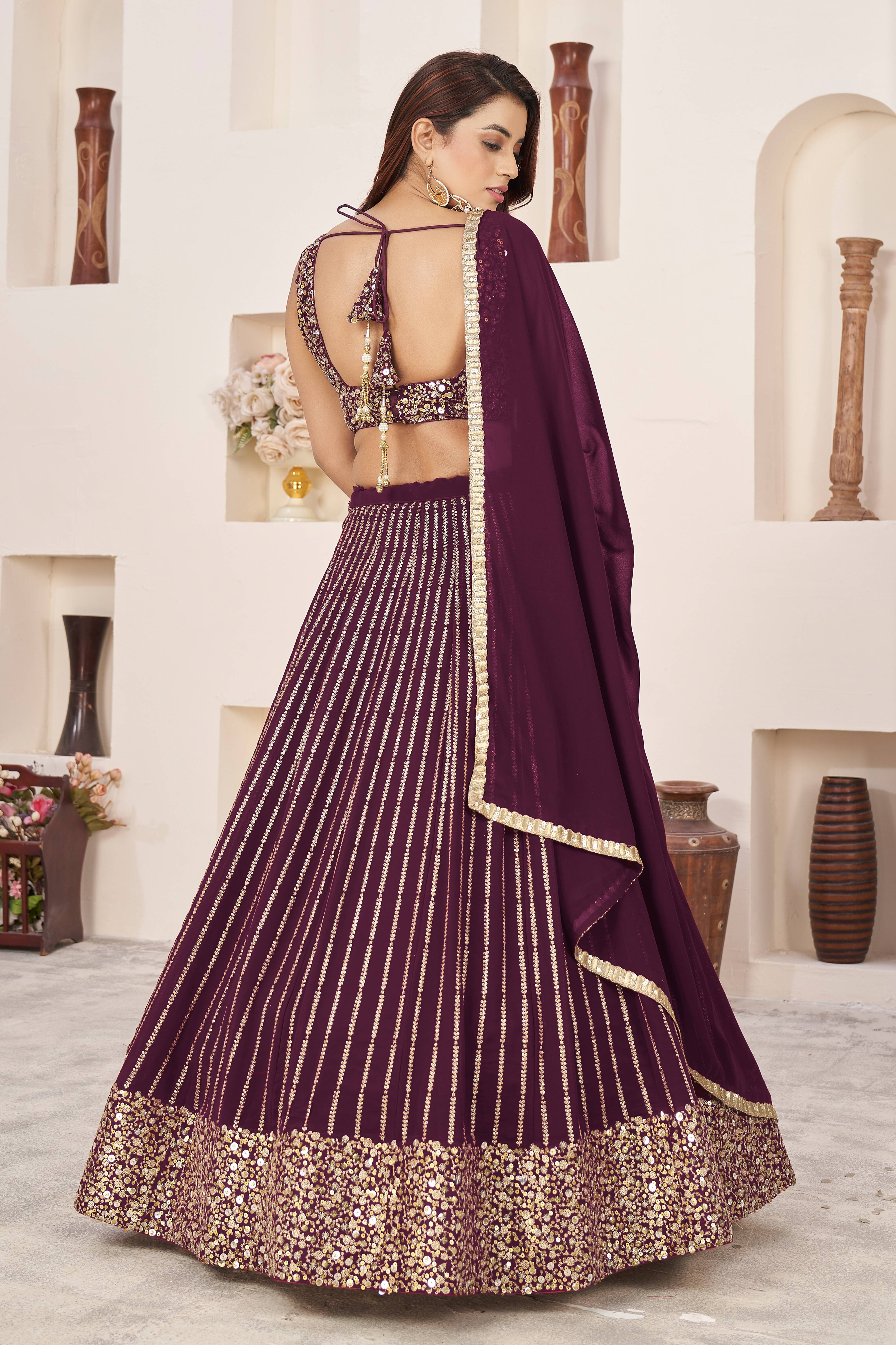 Ready To Wear | Women's Wine Georgette Sequins Zari Embroidered Lehenga Choli & Dupatta
