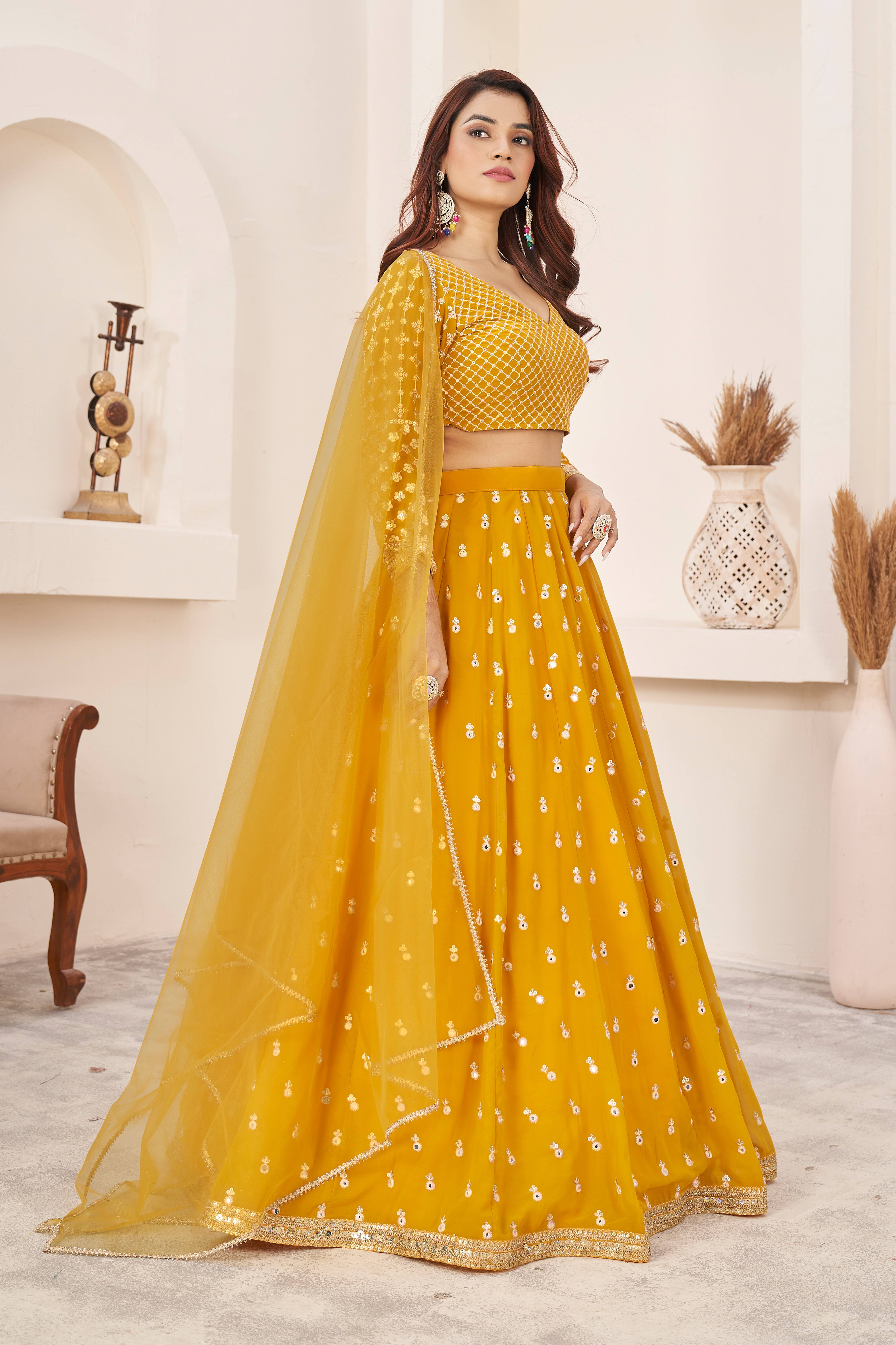 Ready To Wear | Women's Yellow Georgette Multi Colored Thread with Sequins Embroidered Lehenga Choli & Dupatta