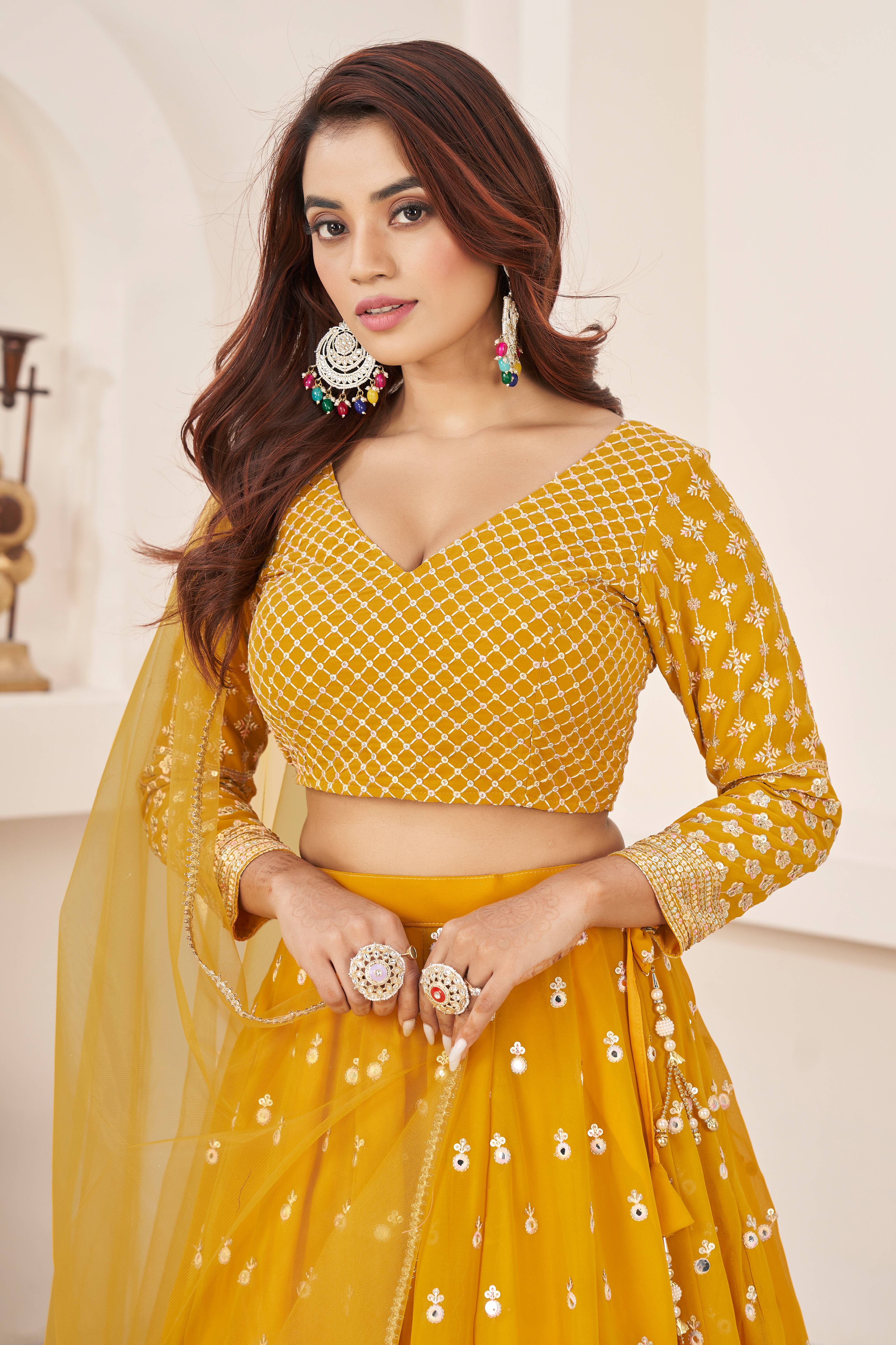 Ready To Wear | Women's Yellow Georgette Multi Colored Thread with Sequins Embroidered Lehenga Choli & Dupatta