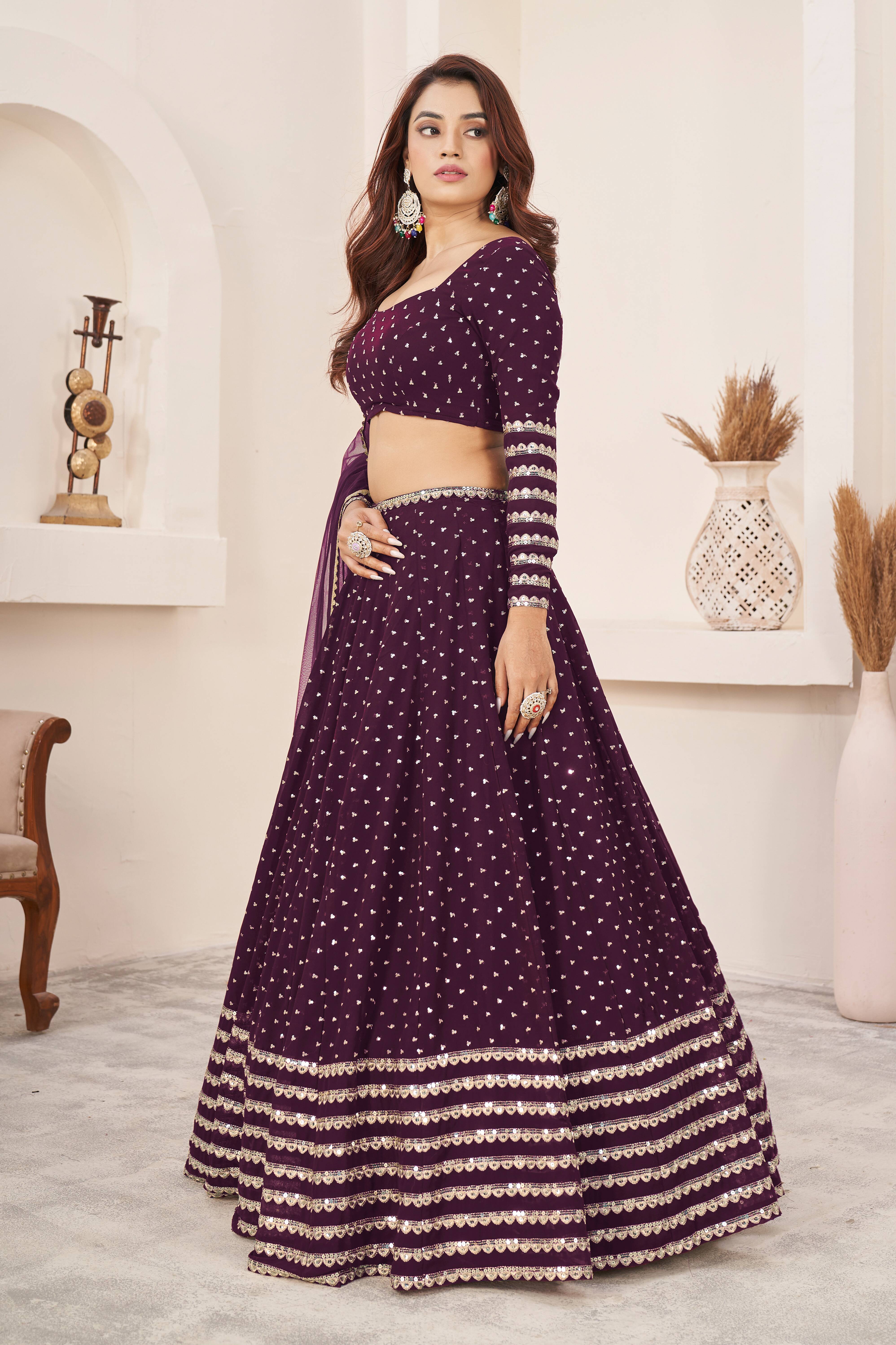 Ready To Wear | Women's Wine Georgette Sequins Zari Embroidered Lehenga Choli & Dupatta