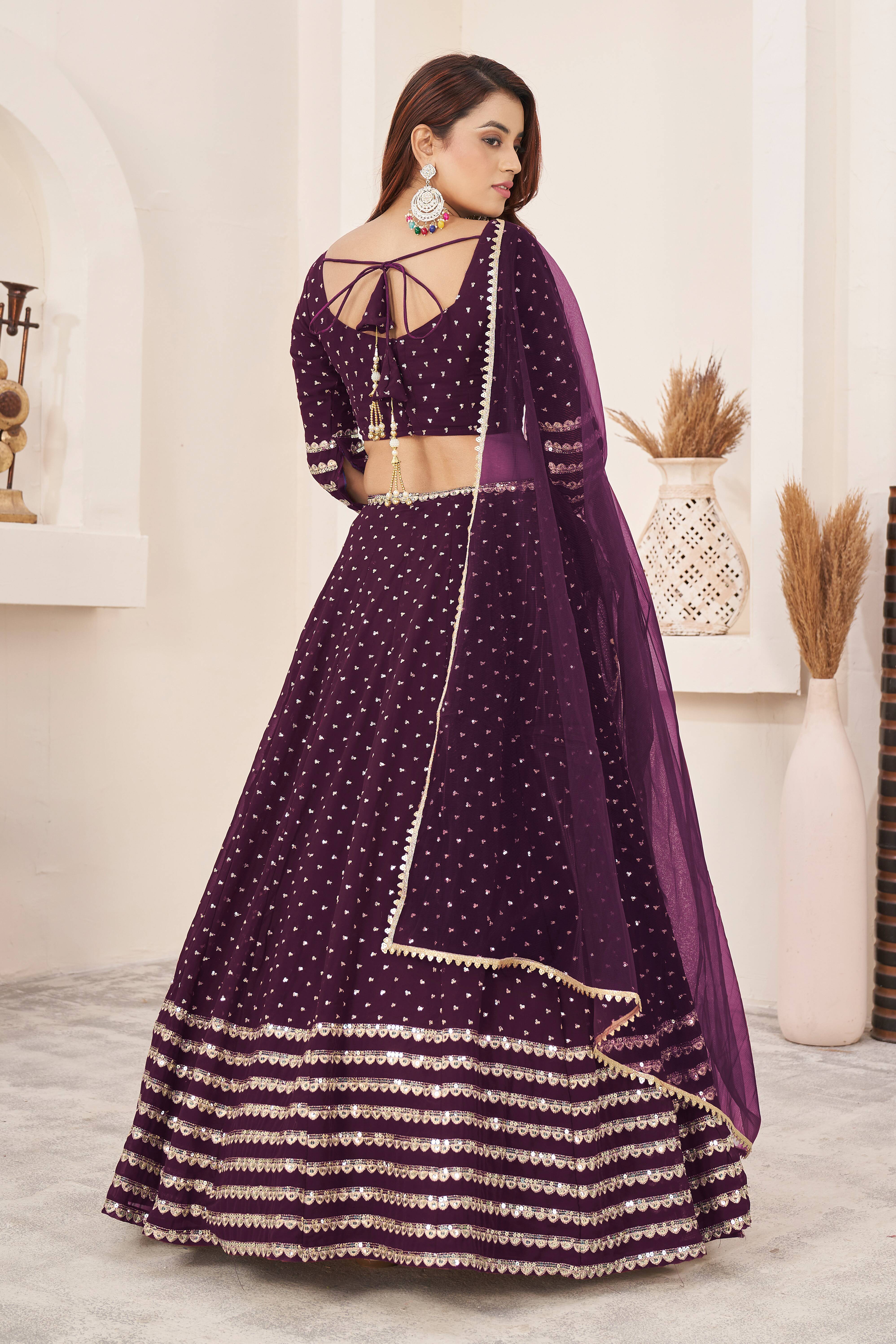 Ready To Wear | Women's Wine Georgette Sequins Zari Embroidered Lehenga Choli & Dupatta