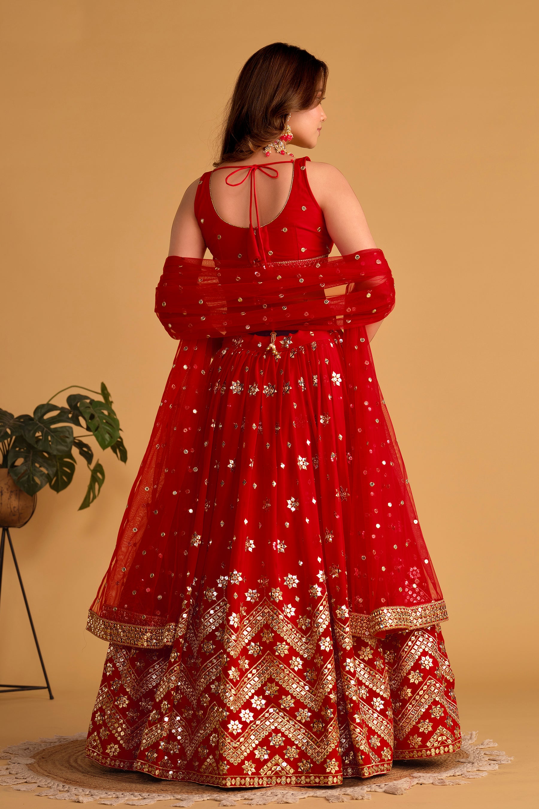 Ready To Wear | Women's Red Georgette Sequins Zari Embroidered Lehenga Choli & Dupatta