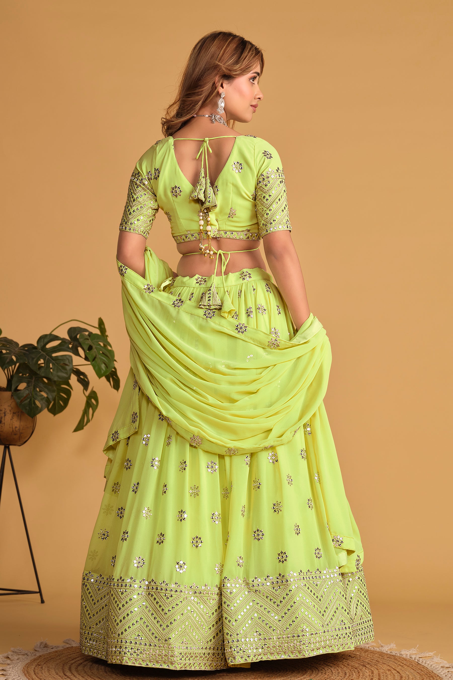 Ready To Wear | Women's Neon Georgette Sequins Zari Embroidered Lehenga Choli & Dupatta