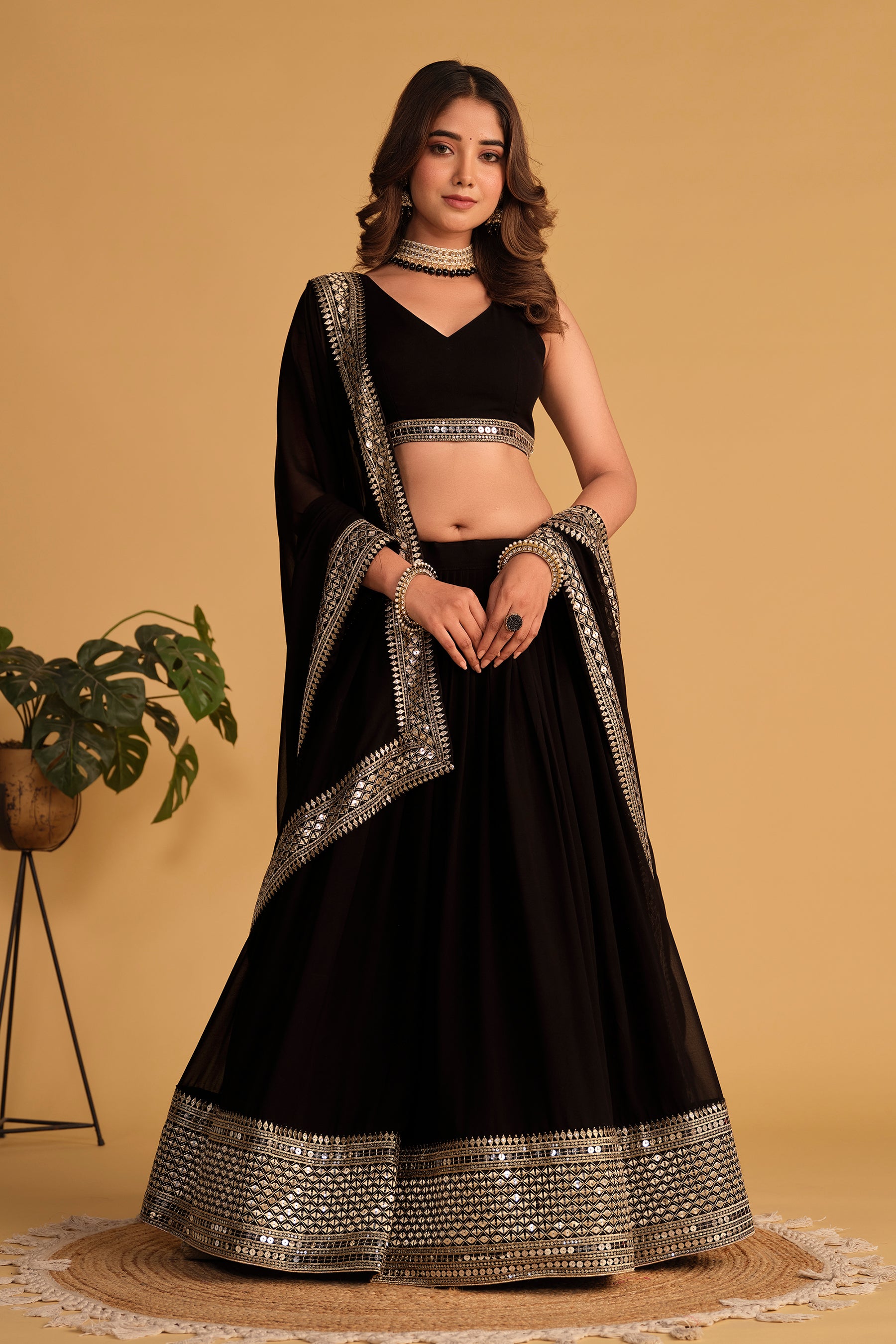 Ready To Wear | Women's Black Georgette Sequins Zari Embroidered Lehenga Choli & Dupatta