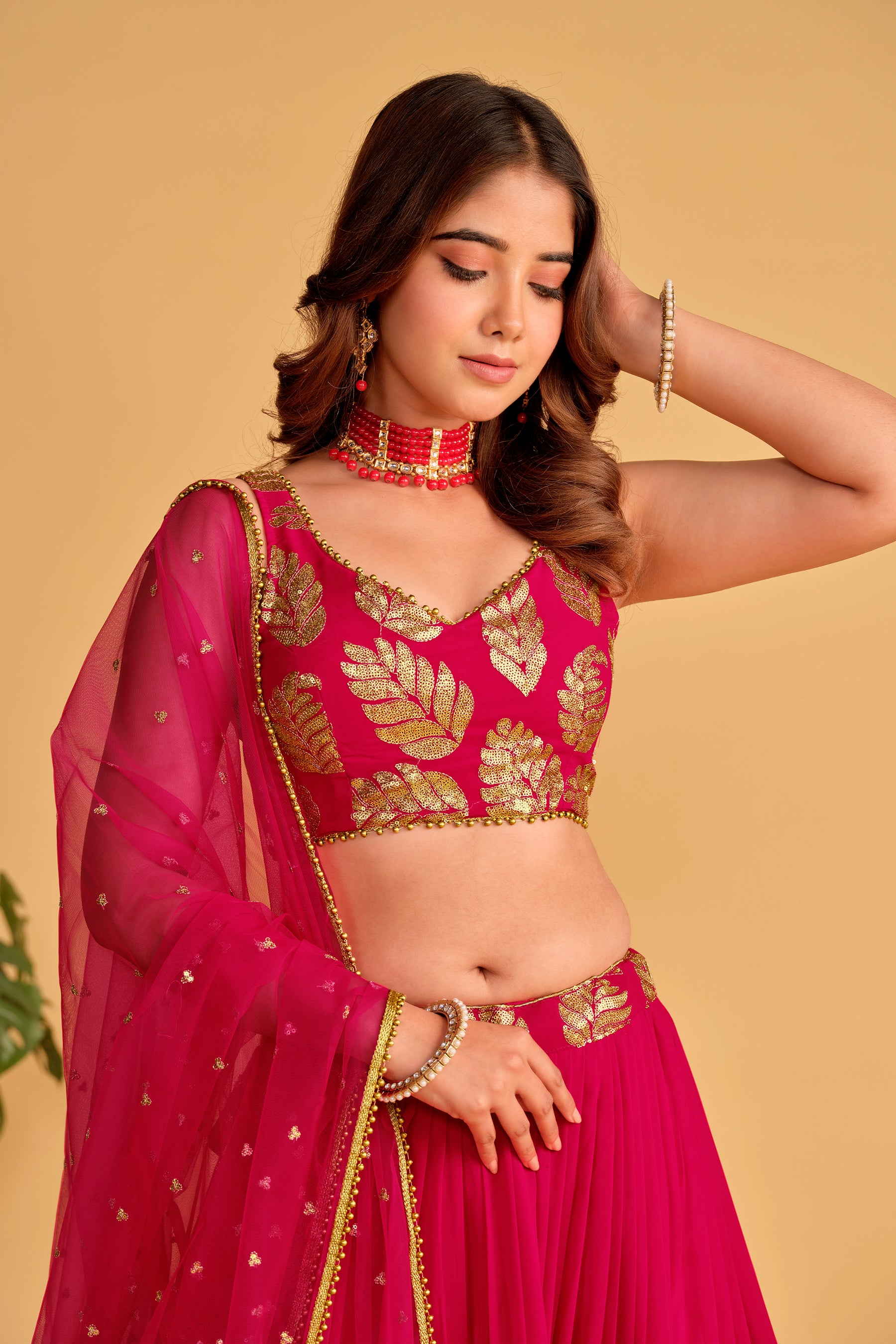 Ready To Wear | Women's Pink Georgette Sequins Zari Embroidered Lehenga Choli & Dupatta