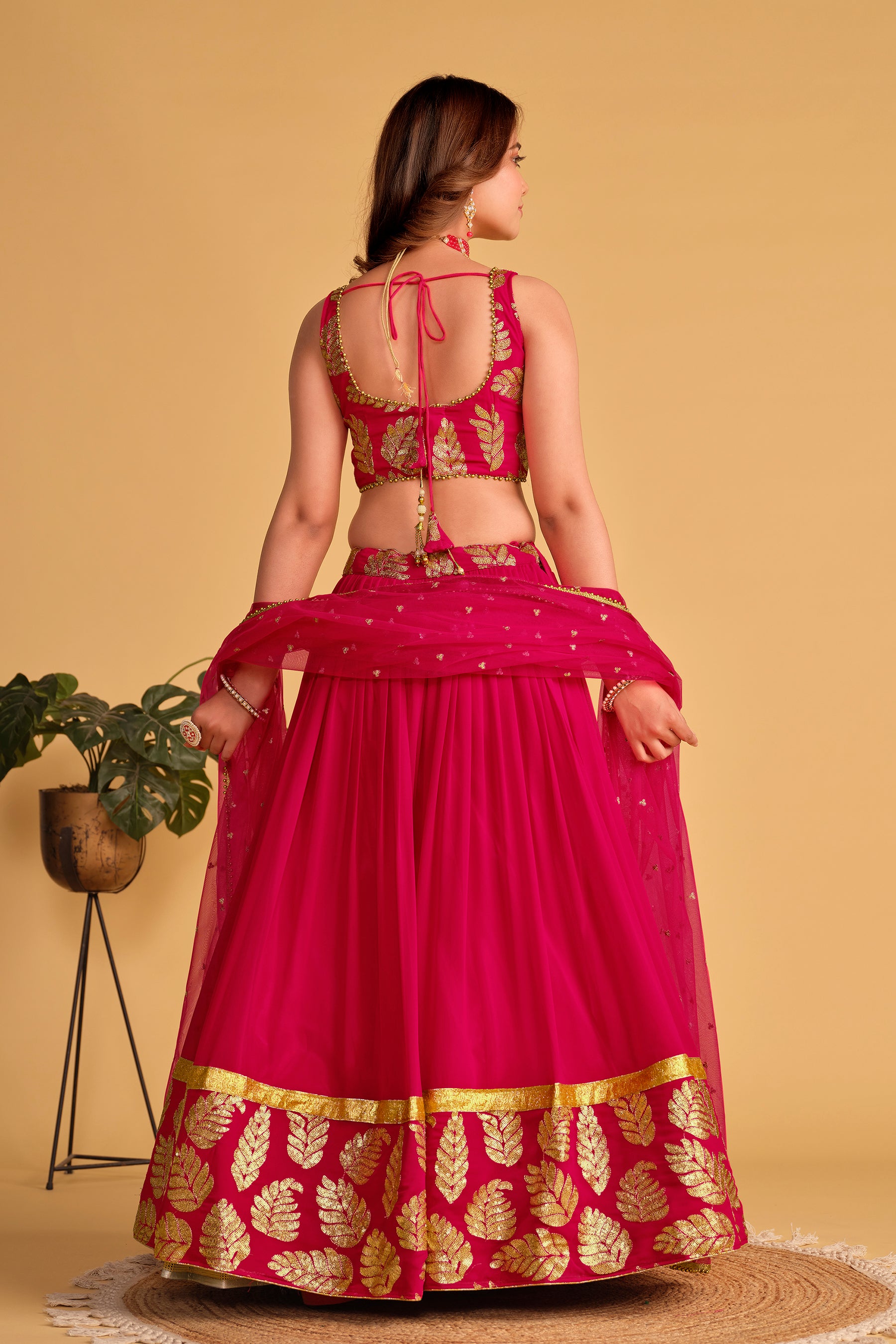 Ready To Wear | Women's Pink Georgette Sequins Zari Embroidered Lehenga Choli & Dupatta
