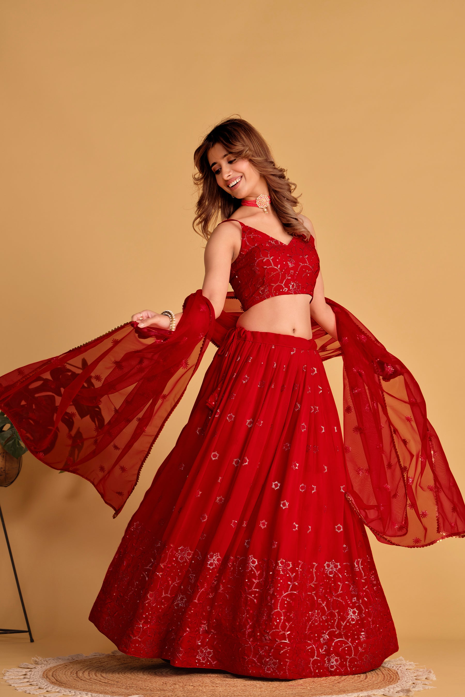 Ready To Wear | Women's Red Georgette Sequins Thread Embroidered Lehenga Choli & Dupatta