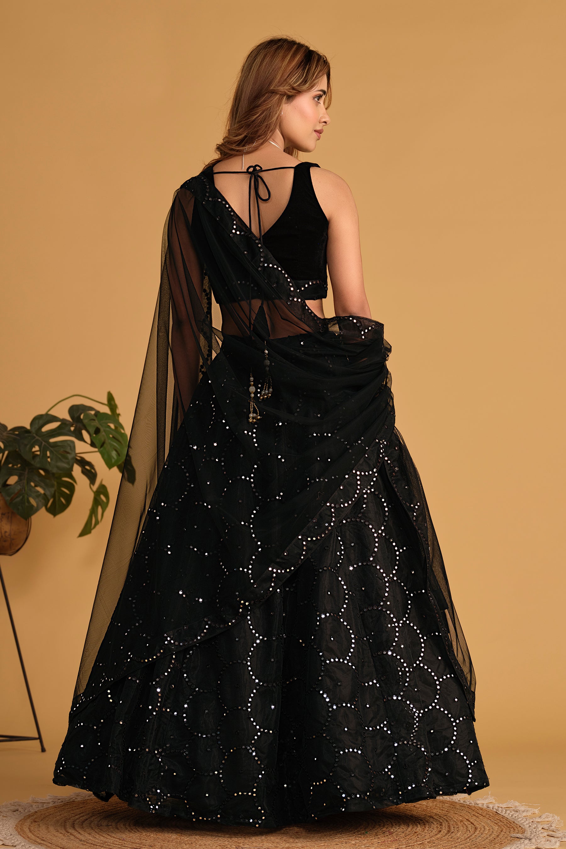 Ready To Wear | Women's Black Georgette Sequins Thread Embroidered Lehenga Choli & Dupatta