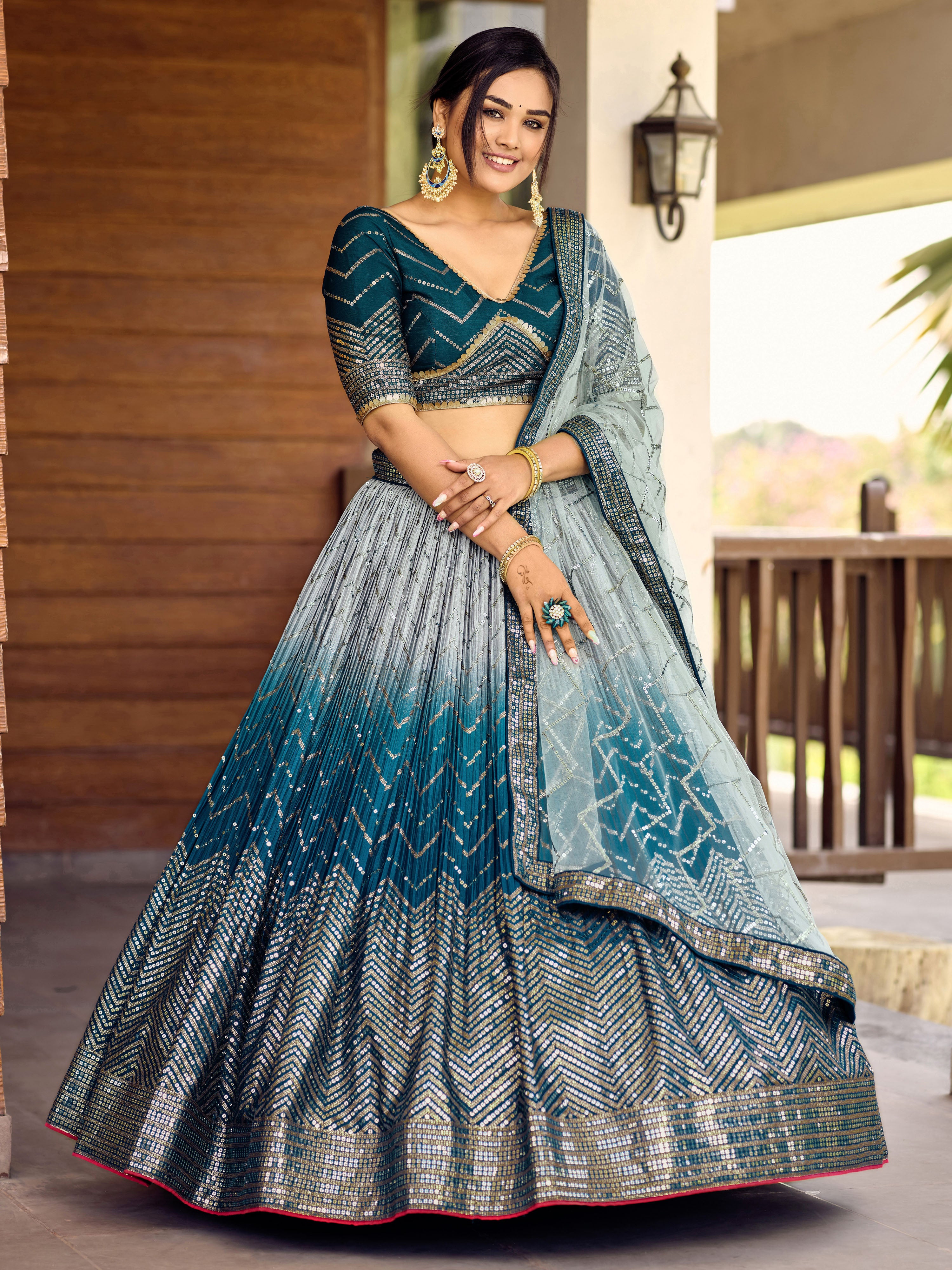 Ready To Wear | Women's Blue Chinon Sequins Thread Embroidered Lehenga Choli & Dupatta