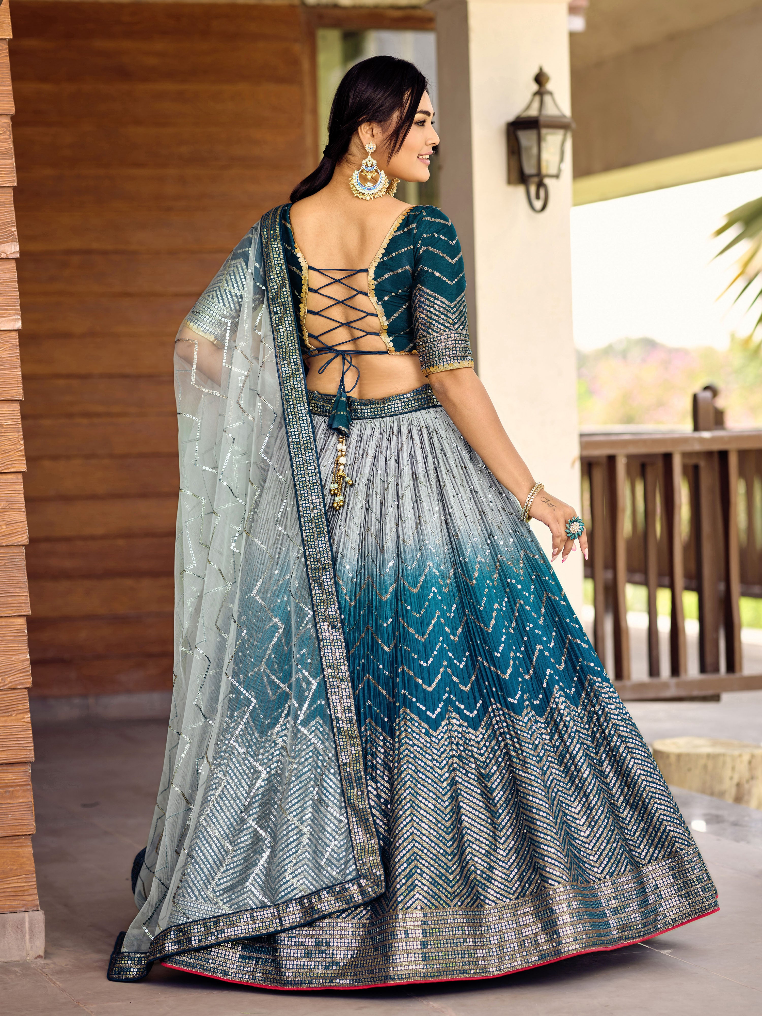 Ready To Wear | Women's Blue Chinon Sequins Thread Embroidered Lehenga Choli & Dupatta