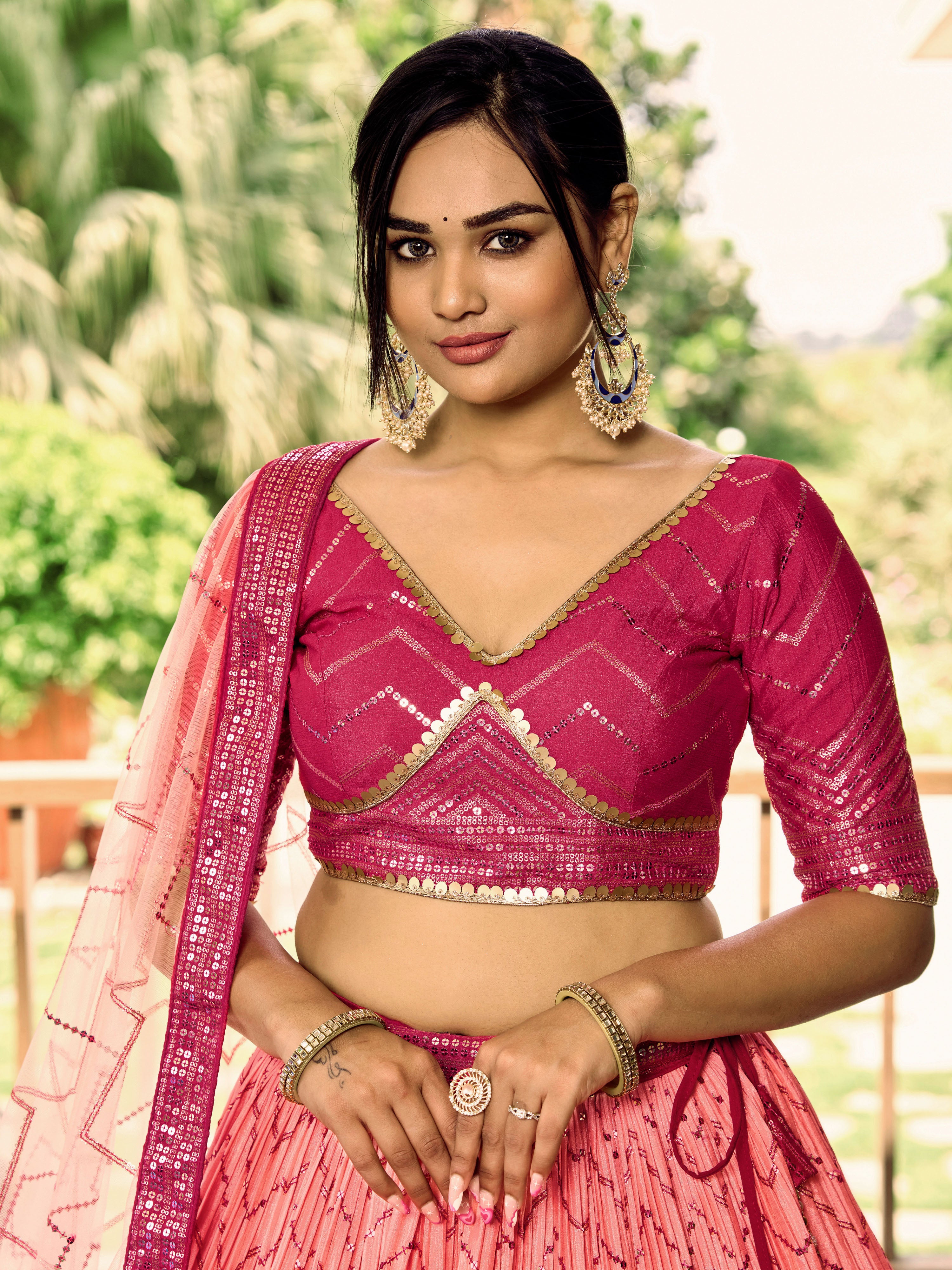 Ready To Wear | Women's Pink Chinon Sequins Thread Embroidered Lehenga Choli & Dupatta