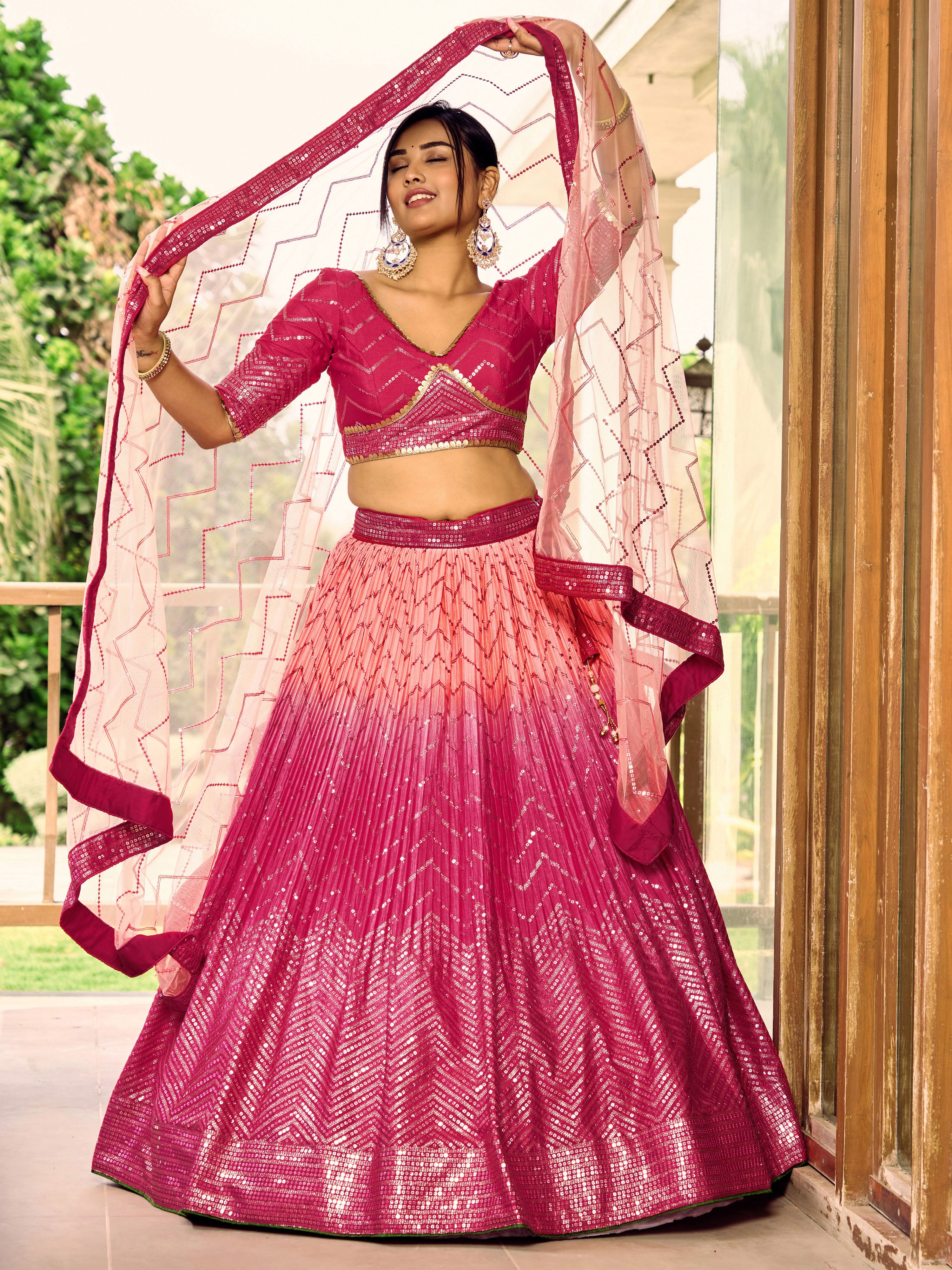 Ready To Wear | Women's Pink Chinon Sequins Thread Embroidered Lehenga Choli & Dupatta