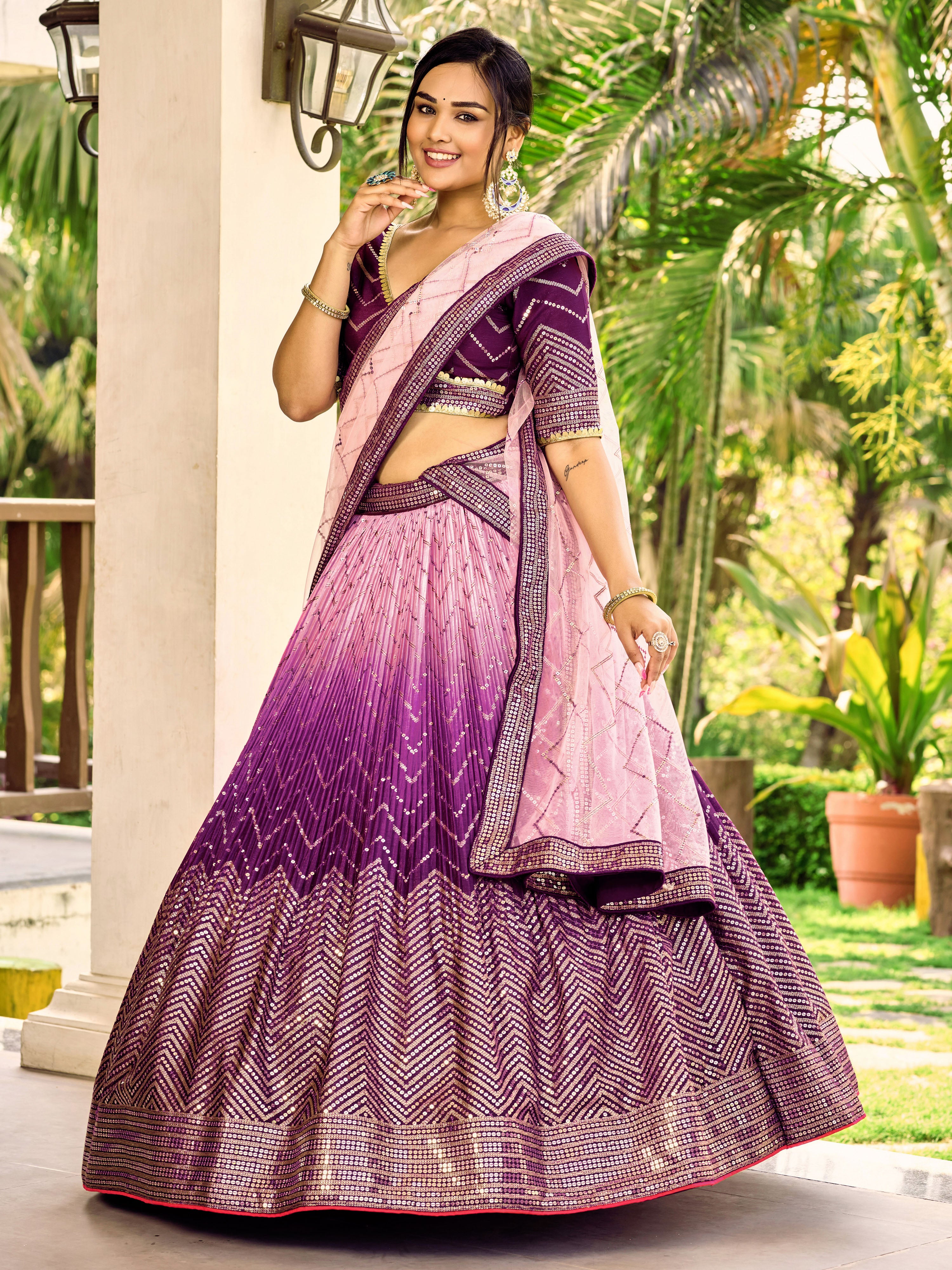 Ready To Wear | Women's Purple Chinon Sequins Thread Embroidered Lehenga Choli & Dupatta