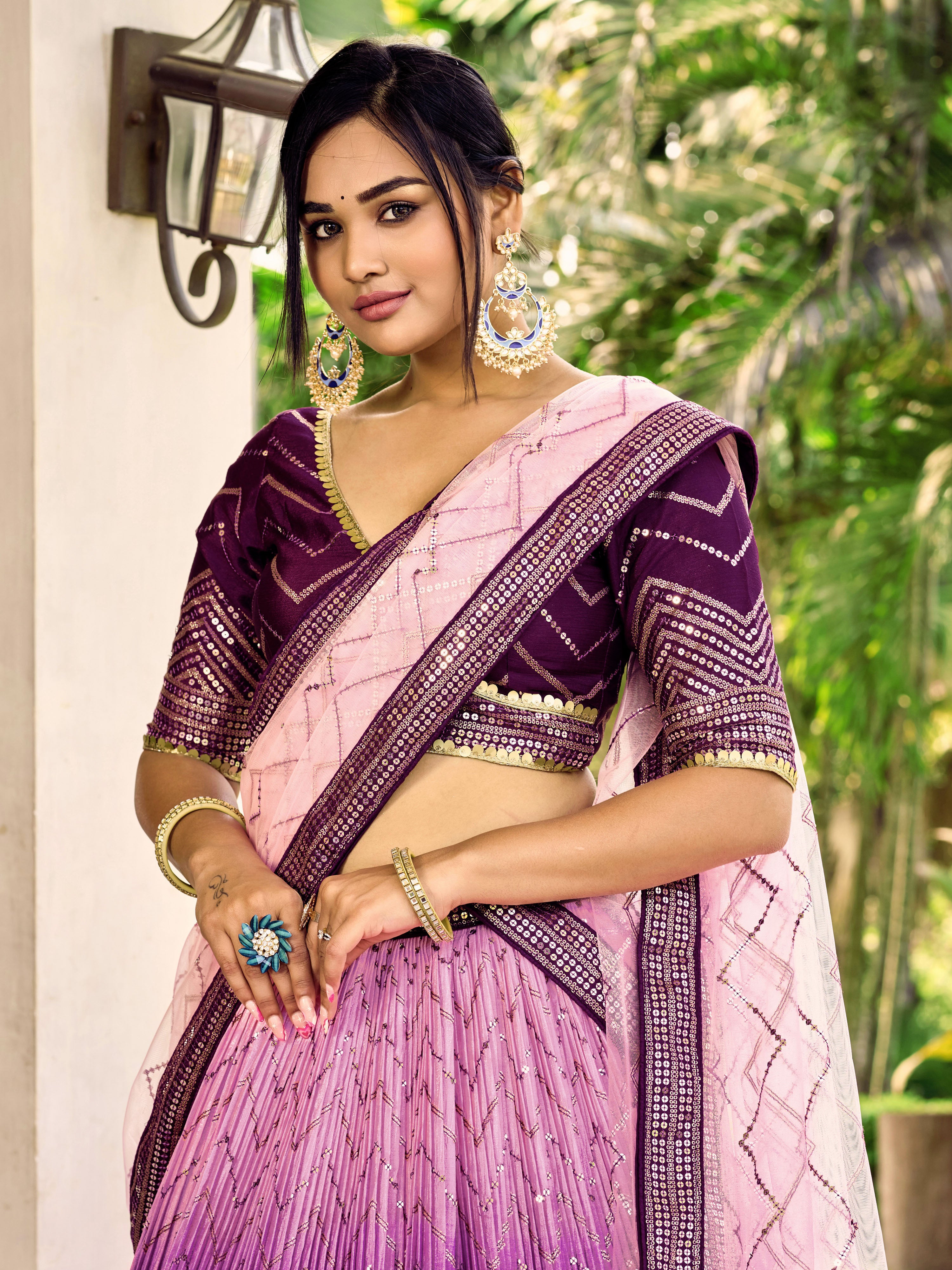 Ready To Wear | Women's Purple Chinon Sequins Thread Embroidered Lehenga Choli & Dupatta