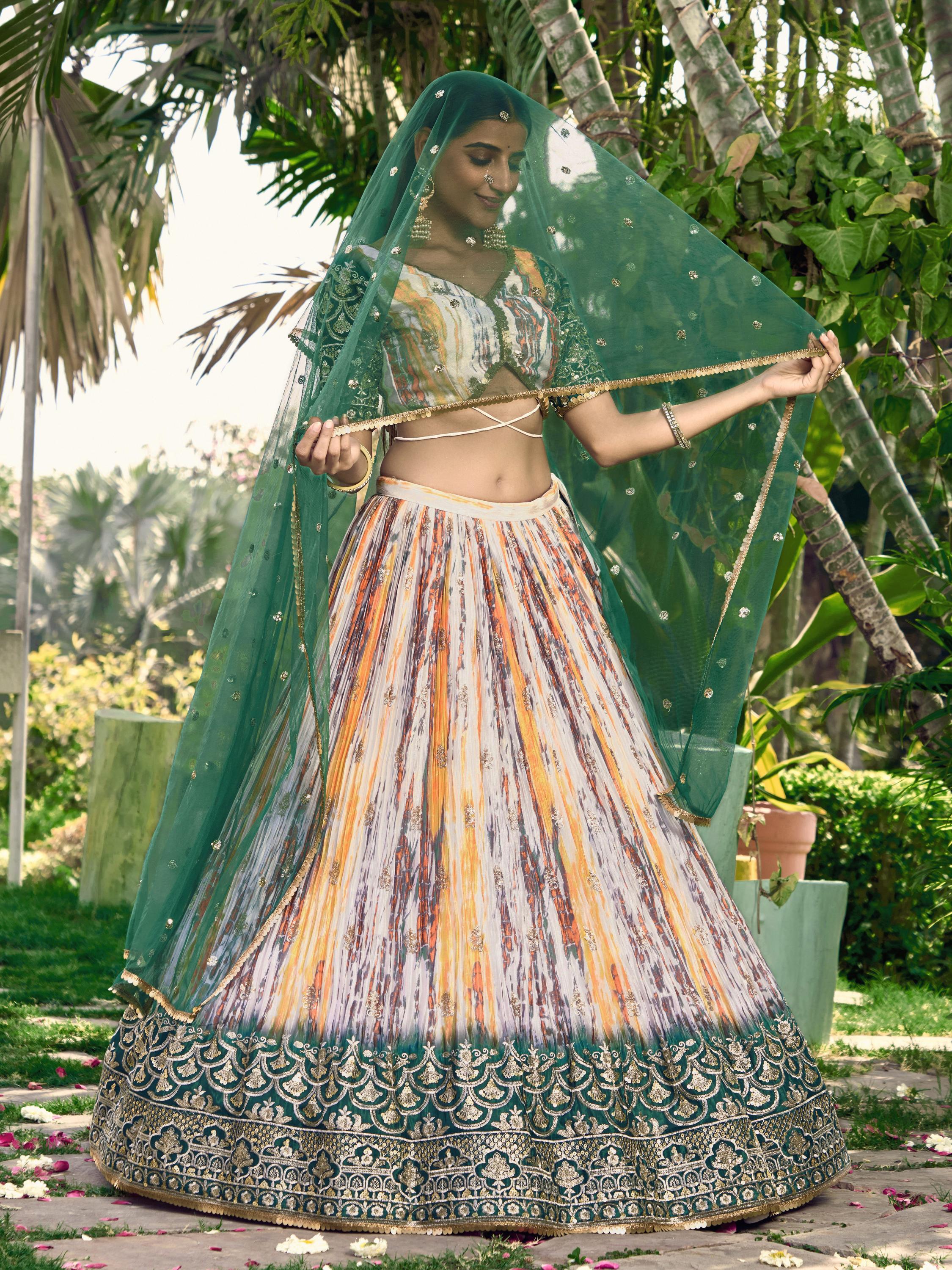 Ready To Wear | Women's Green Chinon Digital Print with Sequins Zari Embroidered Lehenga Choli & Dupatta