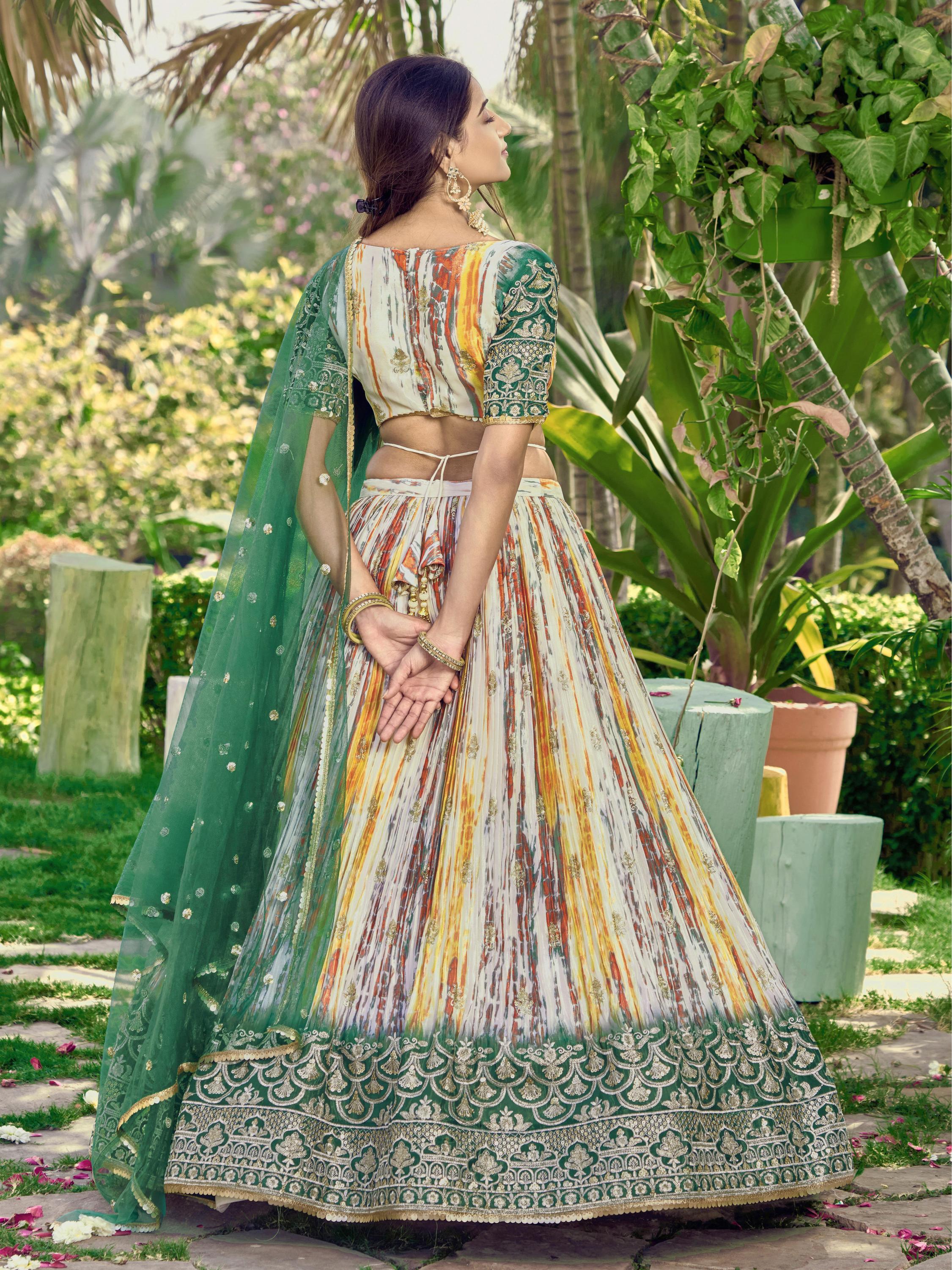 Ready To Wear | Women's Green Chinon Digital Print with Sequins Zari Embroidered Lehenga Choli & Dupatta