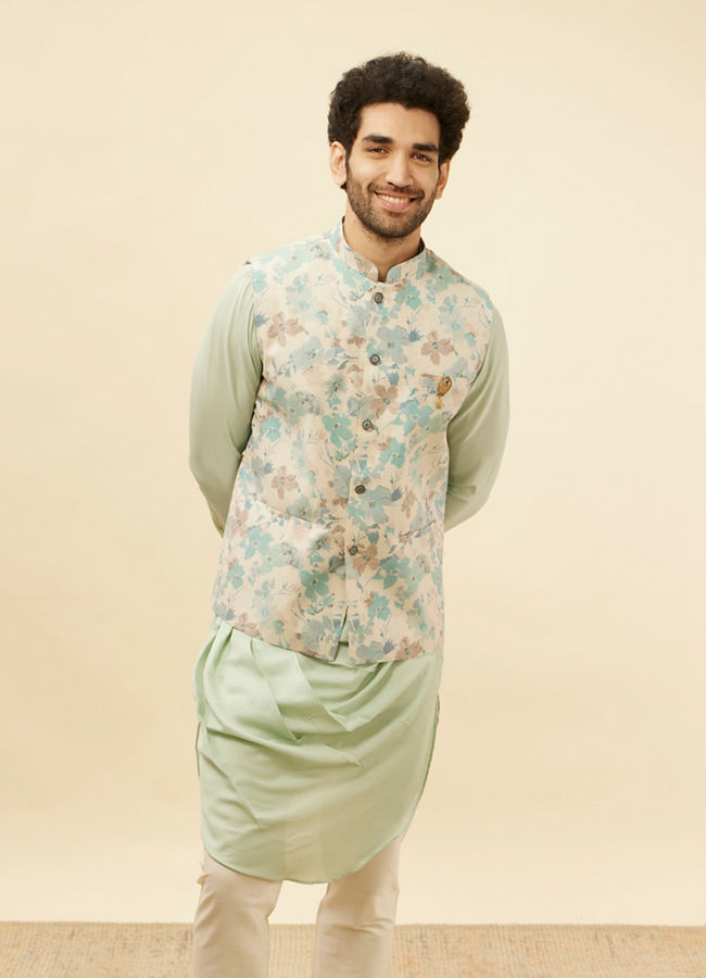 Manyawar Light Beige Floral Printed Kurta Jacket Set - India shopping