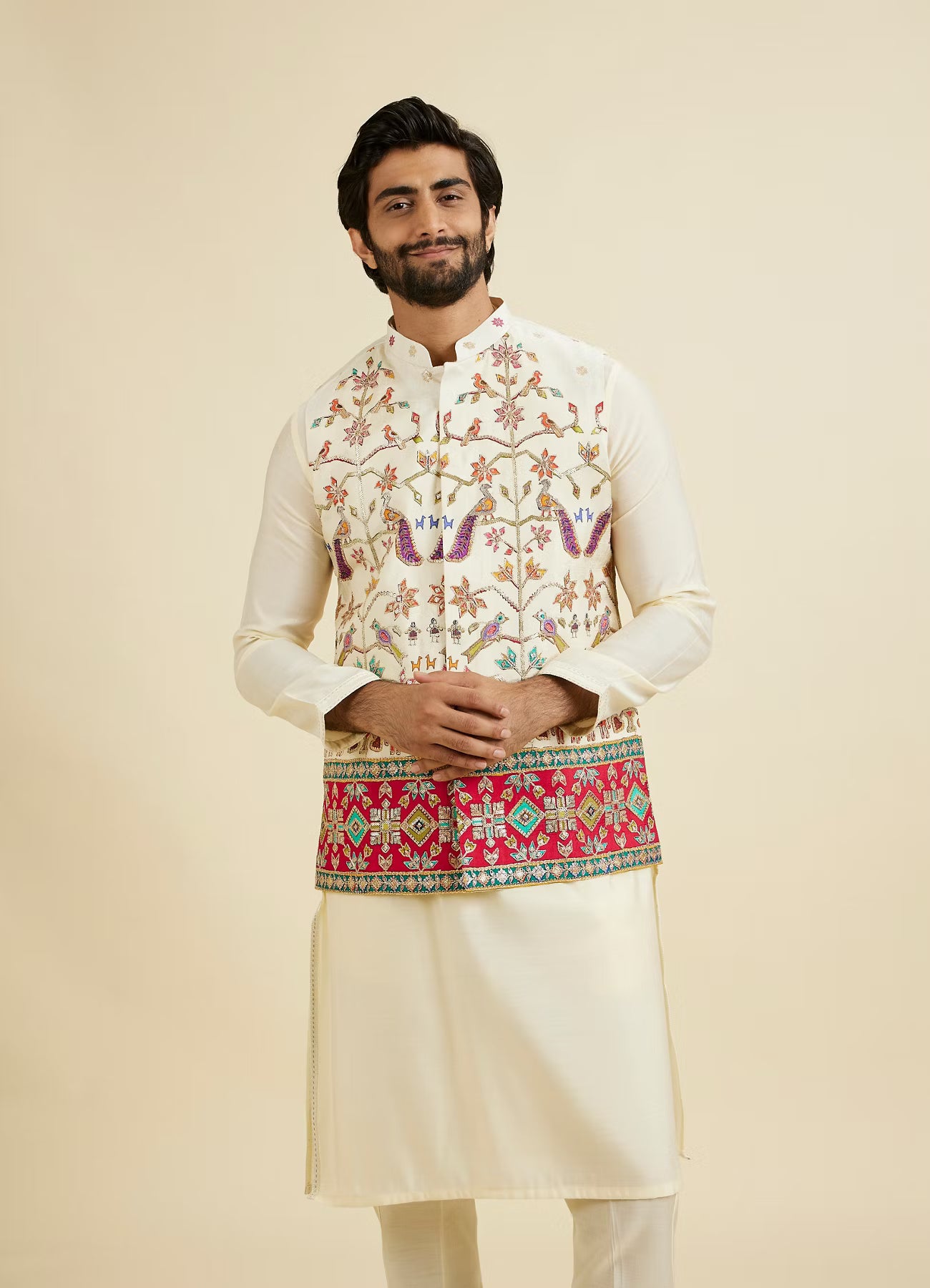 Manyavar Costal Cream Elegance Kurta Jacket Set | Ready To Wear