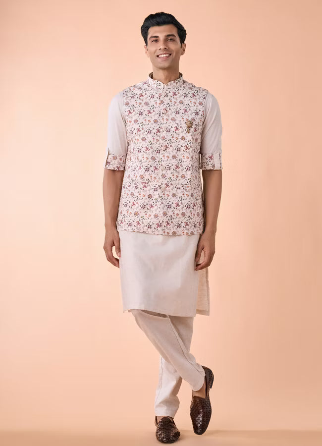 Manyavar Regal Beige Kurta Jacket Set | Ready To Wear