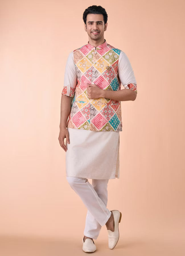 Manyavar Beige Linen Kurta Jacket Set | Ready To Wear