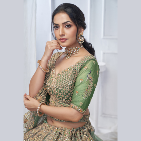 Royal Grandeur bridal Green Mehendi Lehenga with Paisley and Peacock Motifs & Heavy Embroidery| Ready To Wear | - India shopping