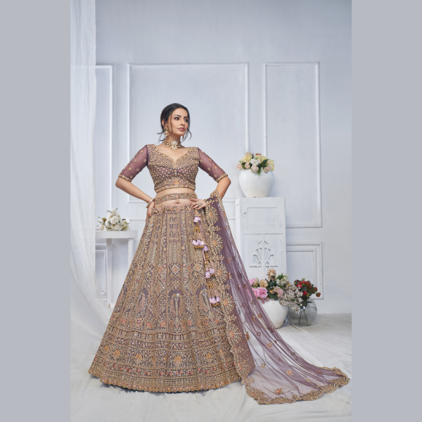 Royal Grandeur bridal Purple Soft Net Lehenga with Paisley and Peacock Motifs & Heavy Embroidery | Ready To Wear | - India shopping