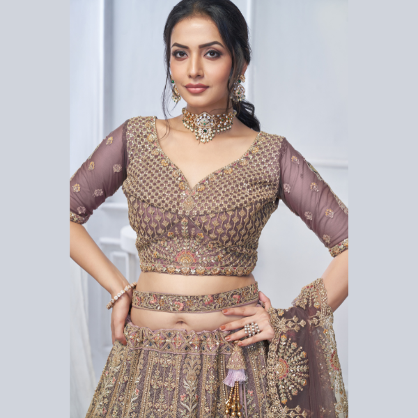 Royal Grandeur bridal Purple Soft Net Lehenga with Paisley and Peacock Motifs & Heavy Embroidery | Ready To Wear | - India shopping