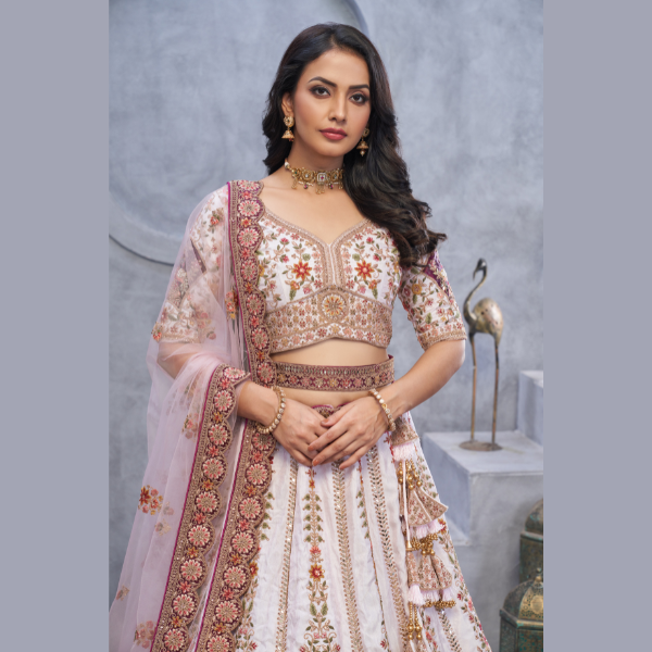 Bridal Light Purple Lehenga with Zari Paisley Embroidery, Silk Patches, and Regal Peacock Motifs | Ready To Wear | - India shopping